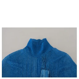 Blue Mesh Turtleneck Long Sleeve Blouse Top