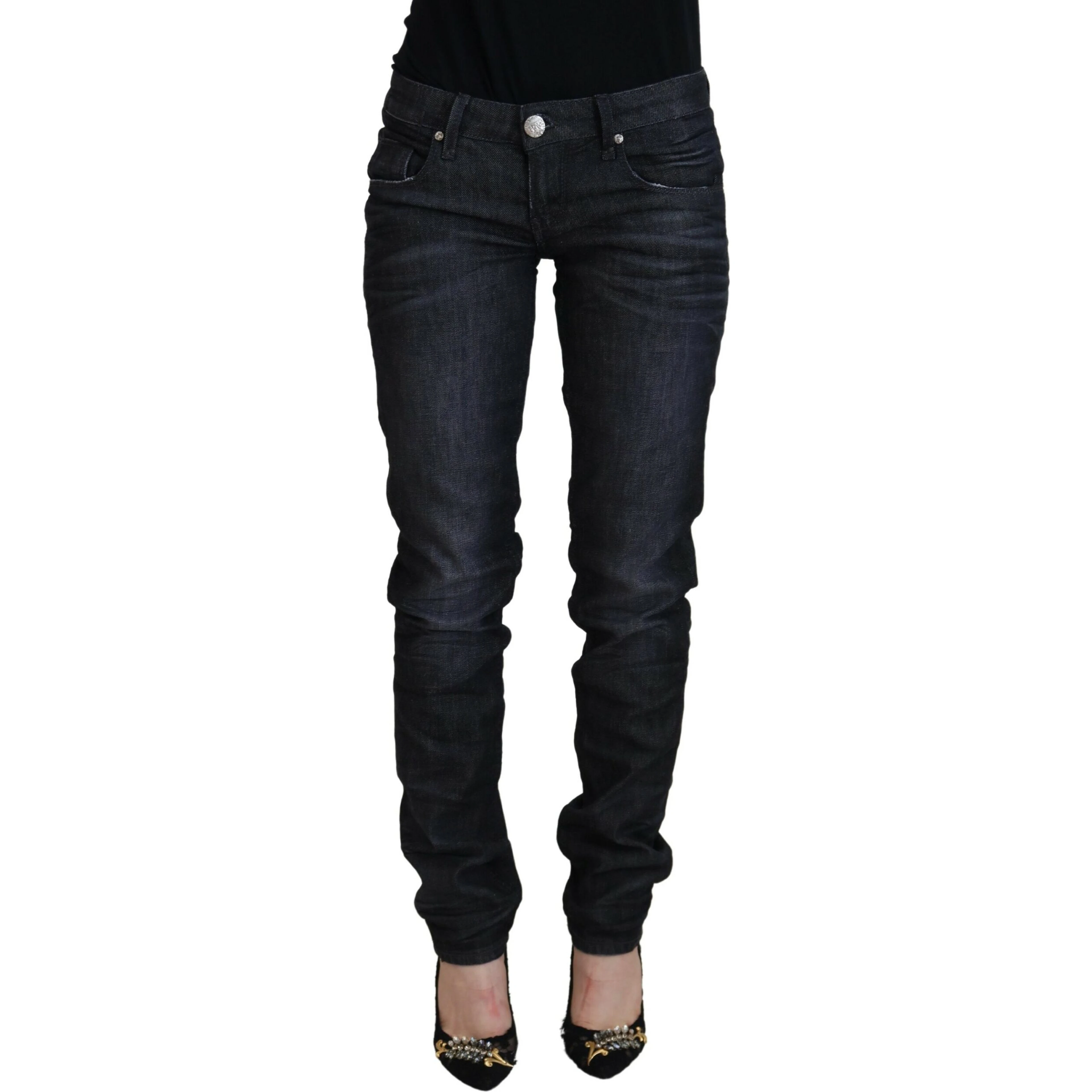 Black Cotton Low Waist Slim Fit Women Casual Denim Jeans