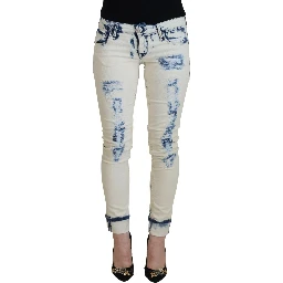 White Blue Cotton Skinny Women Tattered Denim Jeans