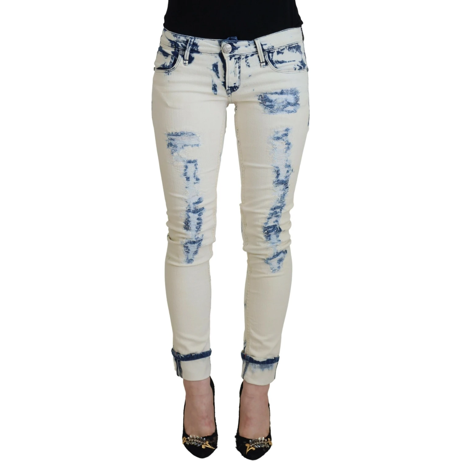 White Blue Cotton Skinny Women Tattered Denim Jeans