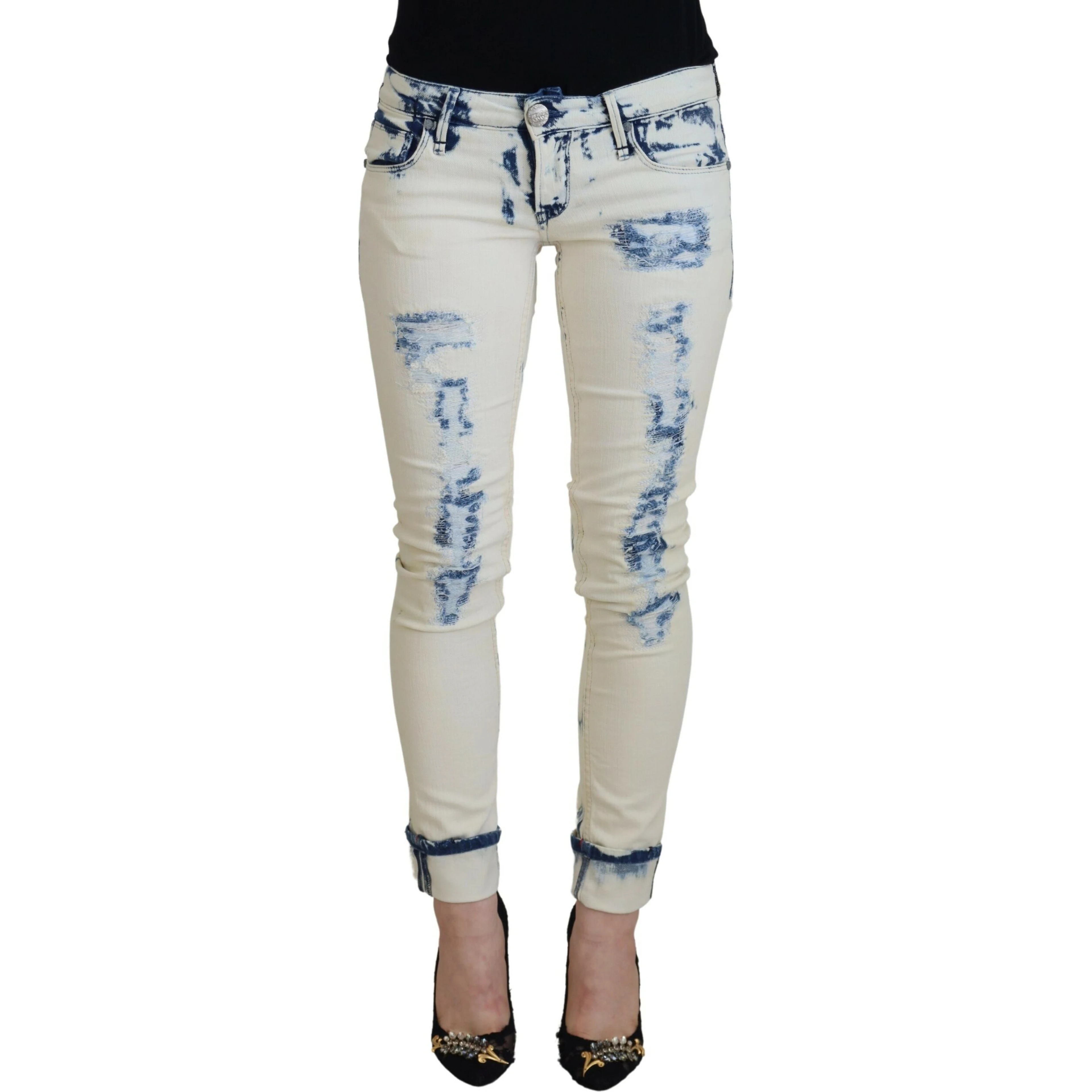 White Blue Cotton Skinny Women Tattered Denim Jeans
