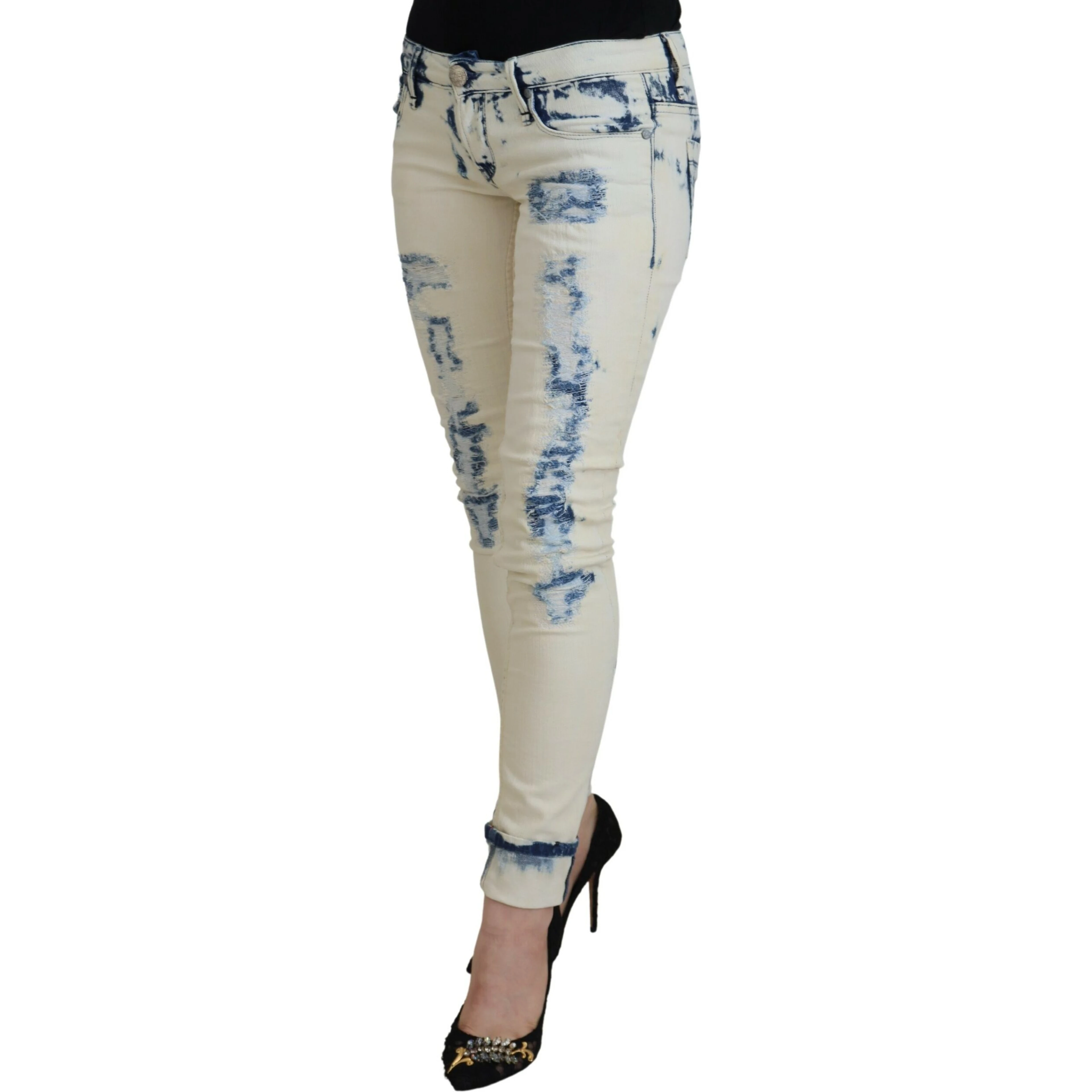 White Blue Cotton Skinny Women Tattered Denim Jeans