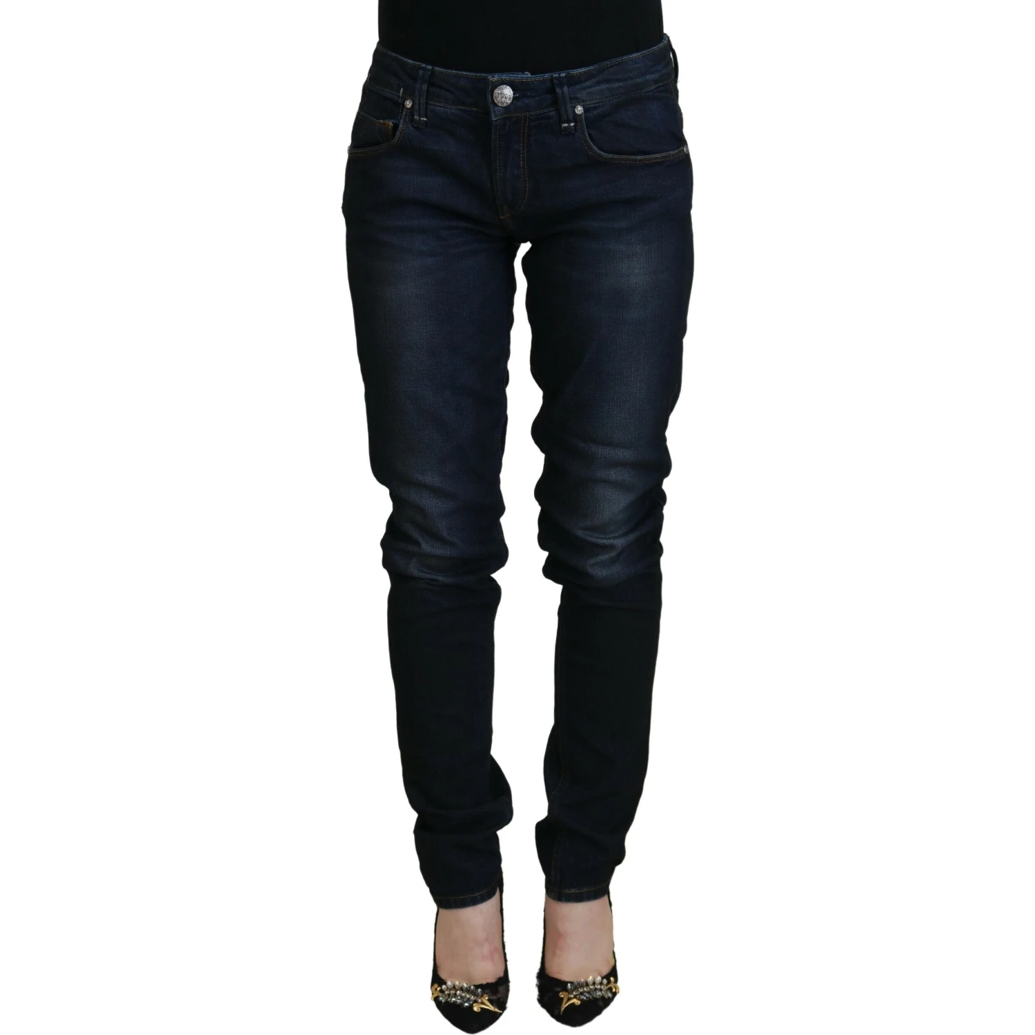 Blue Cotton Skinny Low Waist Women Casual Denim Jeans