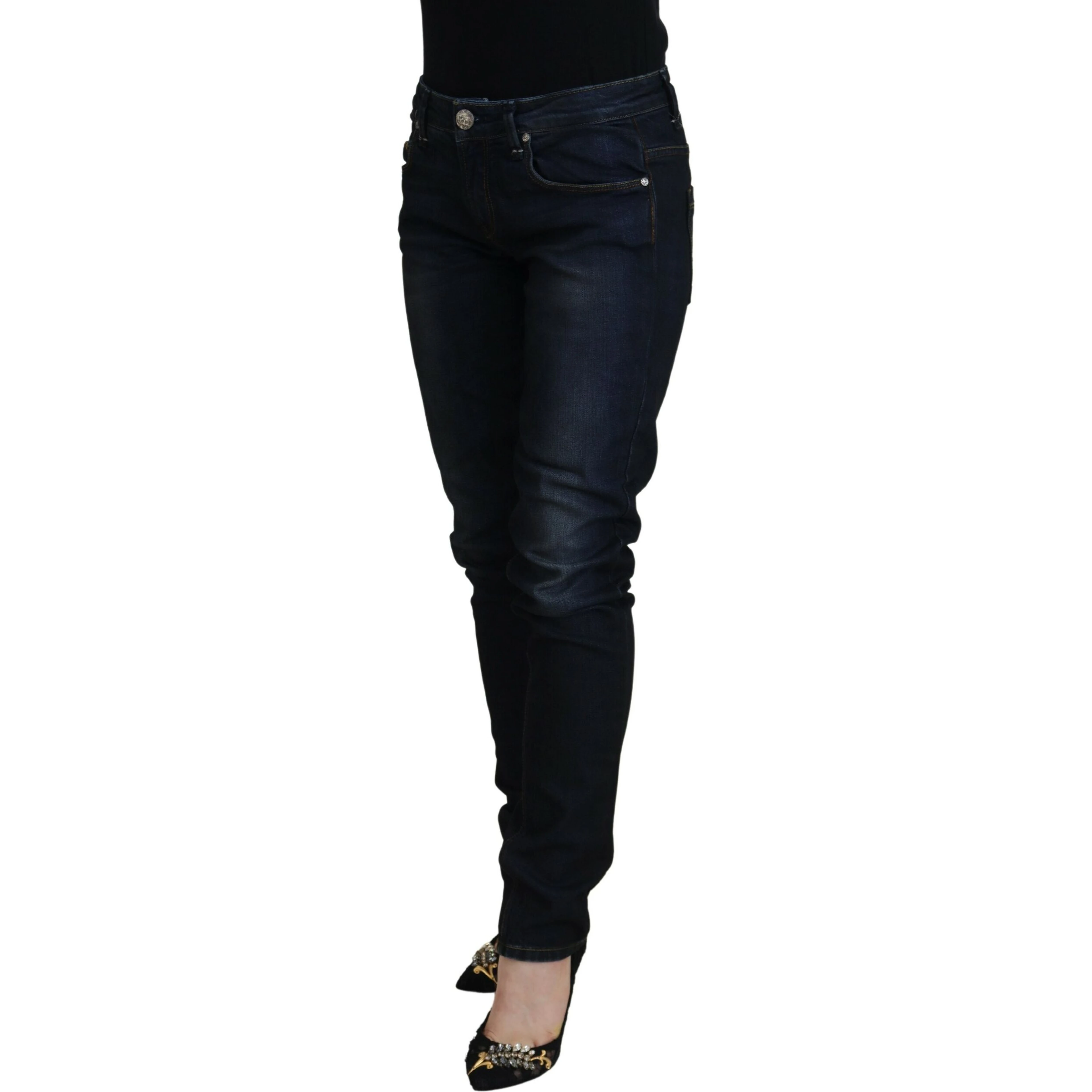 Blue Cotton Skinny Low Waist Women Casual Denim Jeans