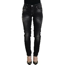 Black Washed Mid Waist Tapered Women Casual Denim Jeans