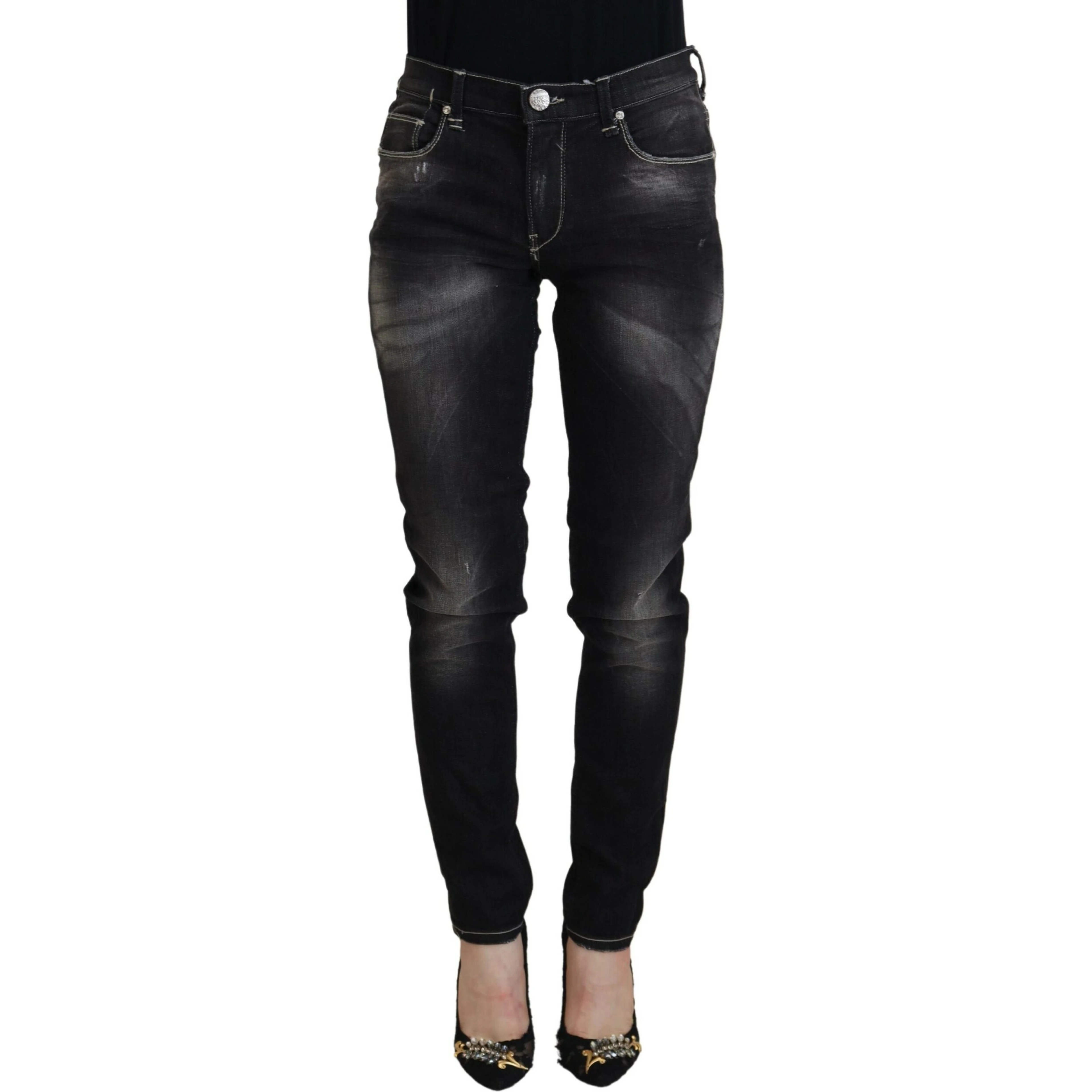 Black Washed Mid Waist Tapered Women Casual Denim Jeans
