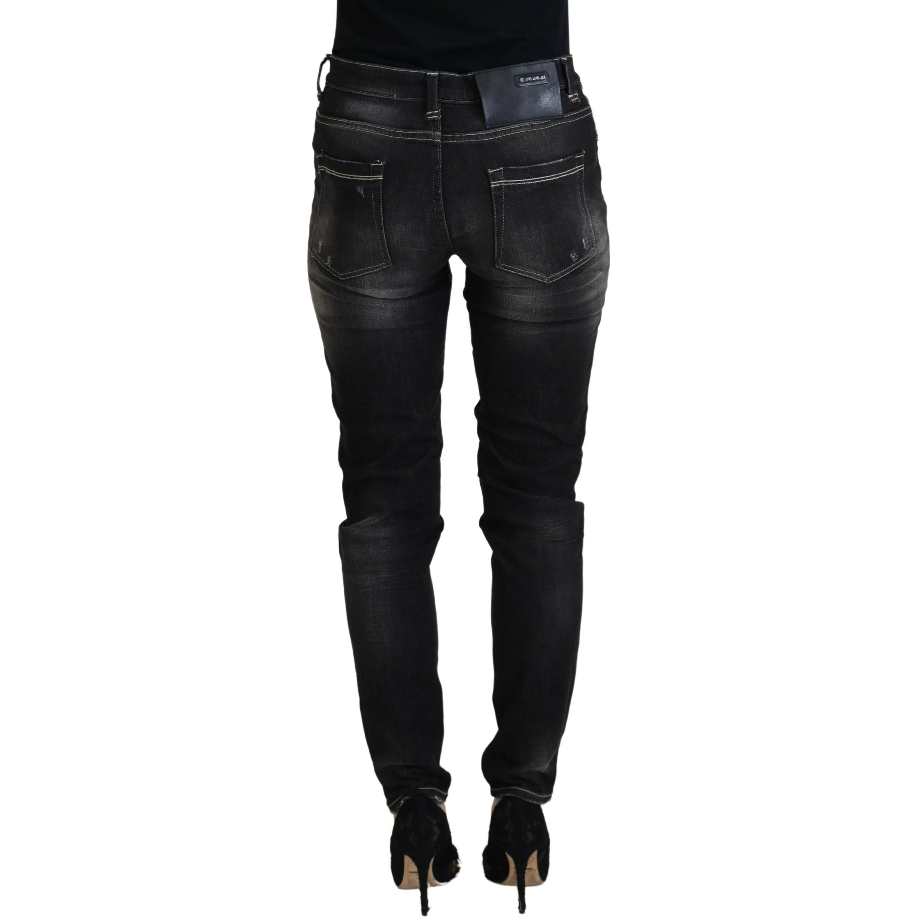 Black Washed Mid Waist Tapered Women Casual Denim Jeans