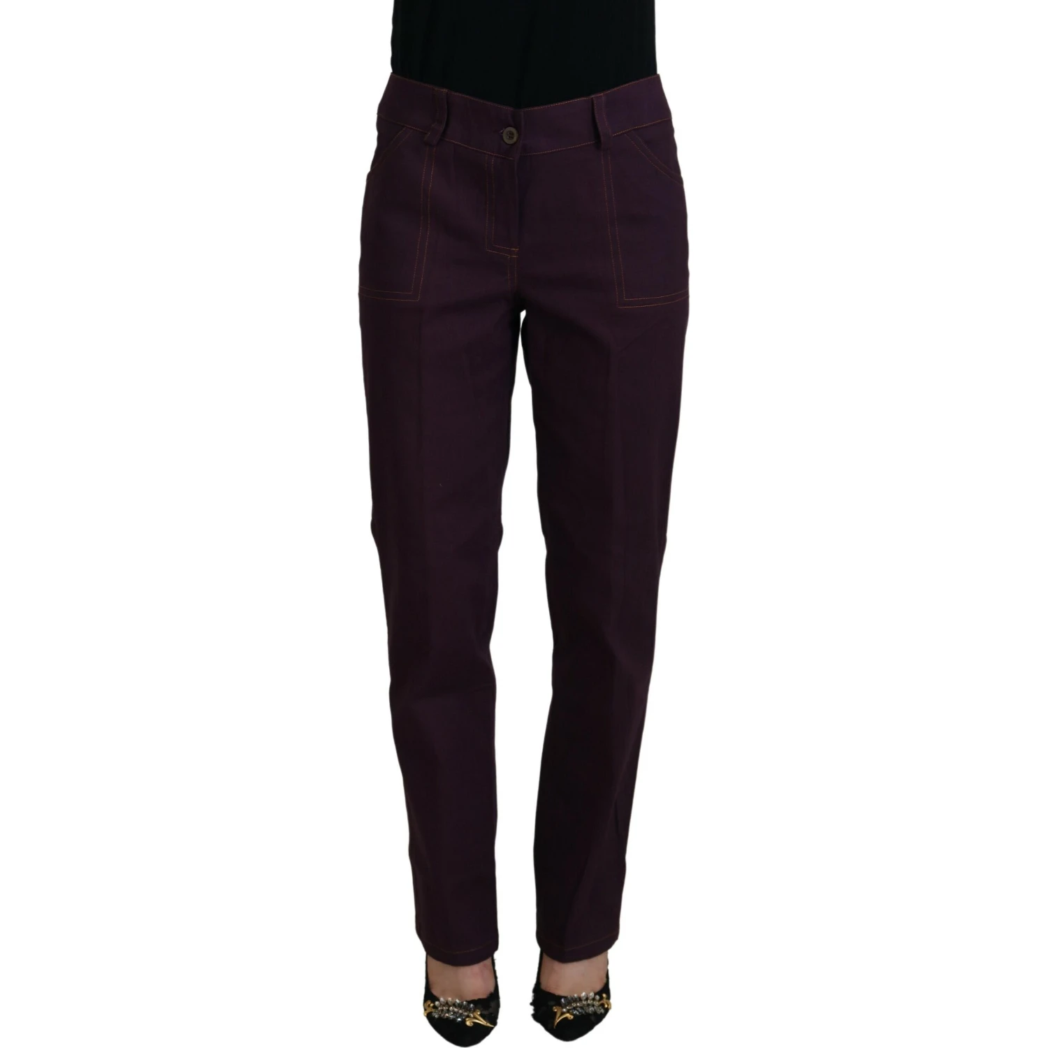 Purple Cotton Mid Waist Women Tapered Pants