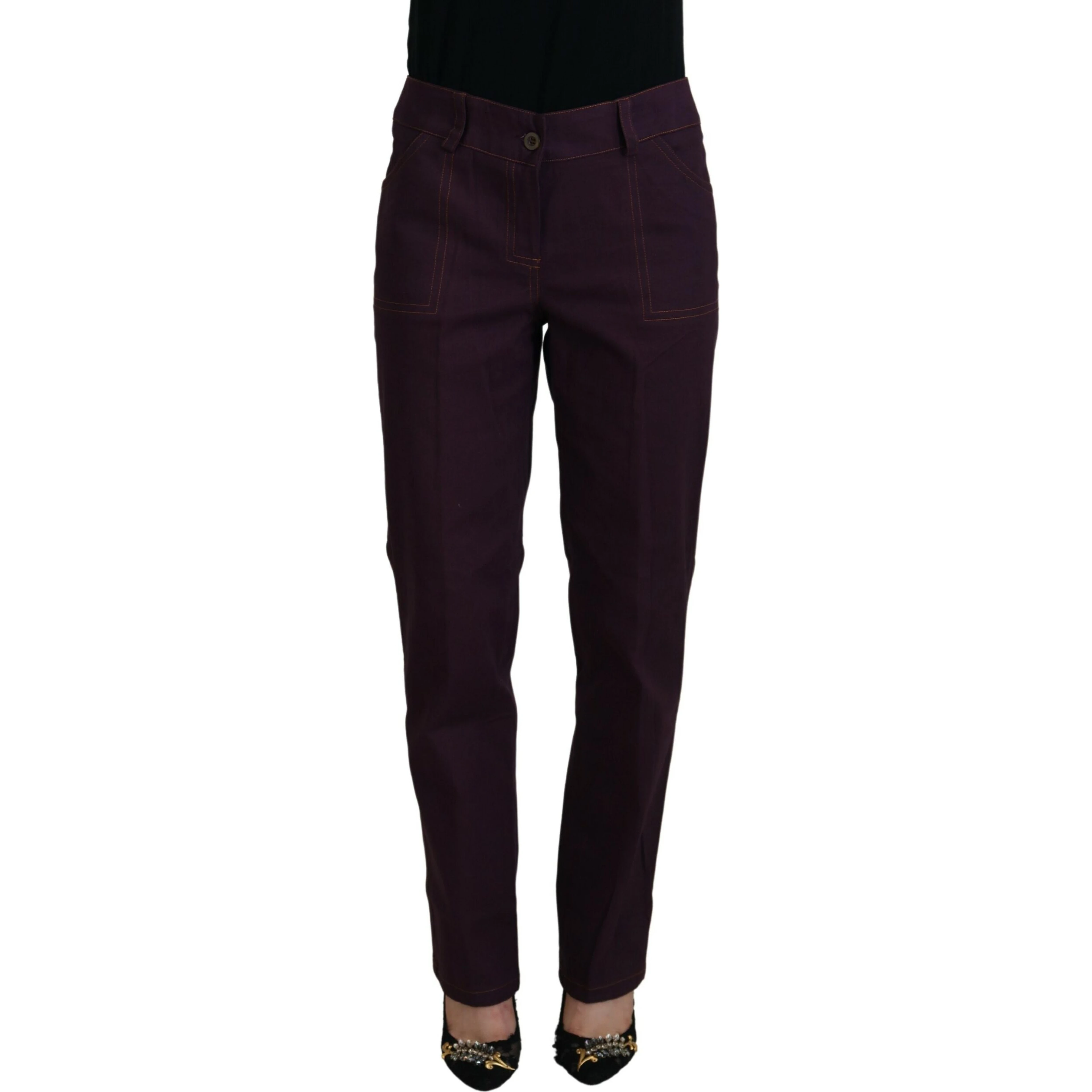 Purple Cotton Mid Waist Women Tapered Pants
