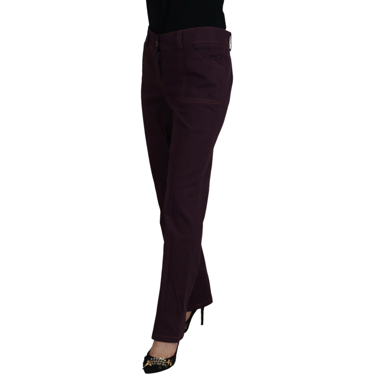 Purple Cotton Mid Waist Women Tapered Pants