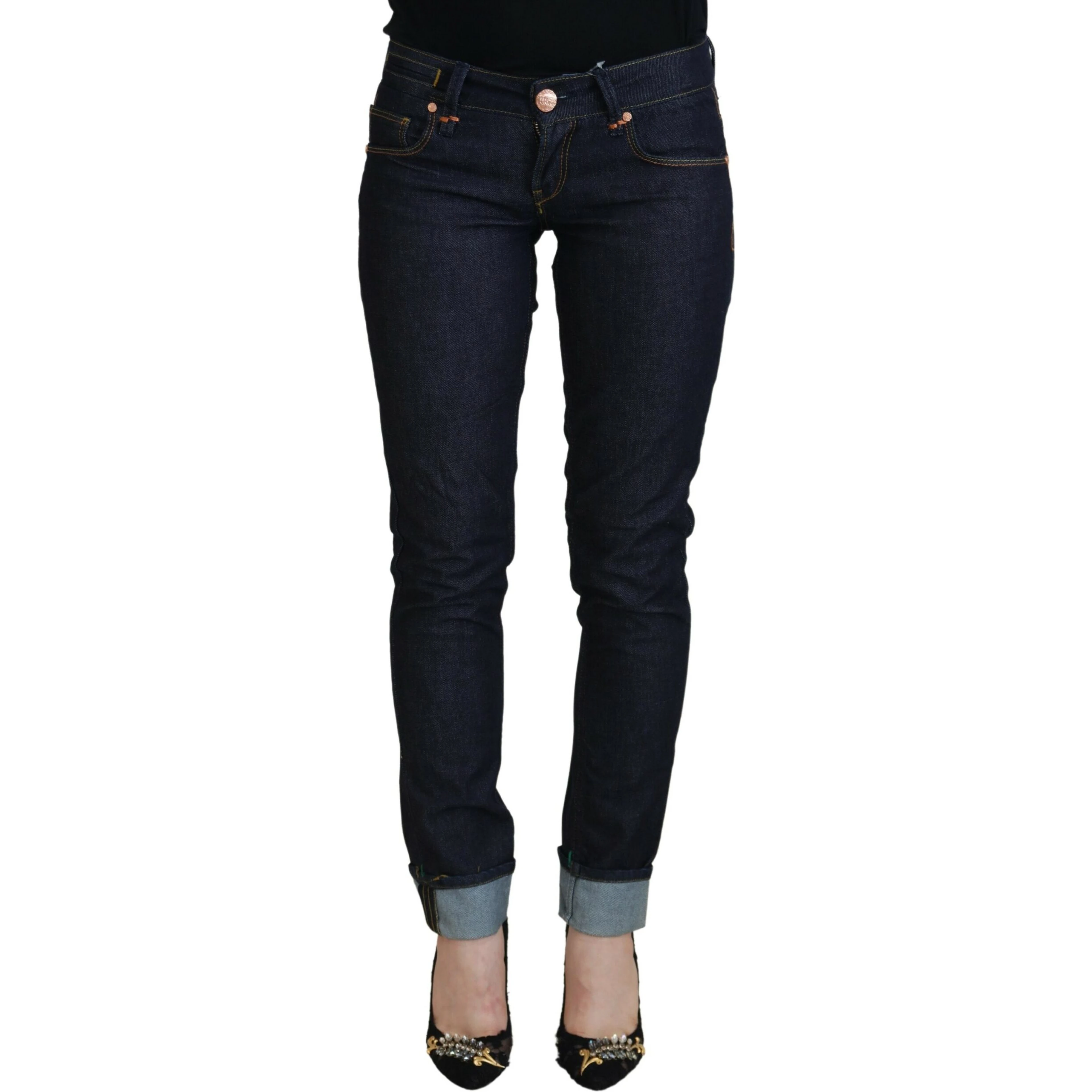 Blue Cotton Low Waist Slim Fit Women Casual Jeans