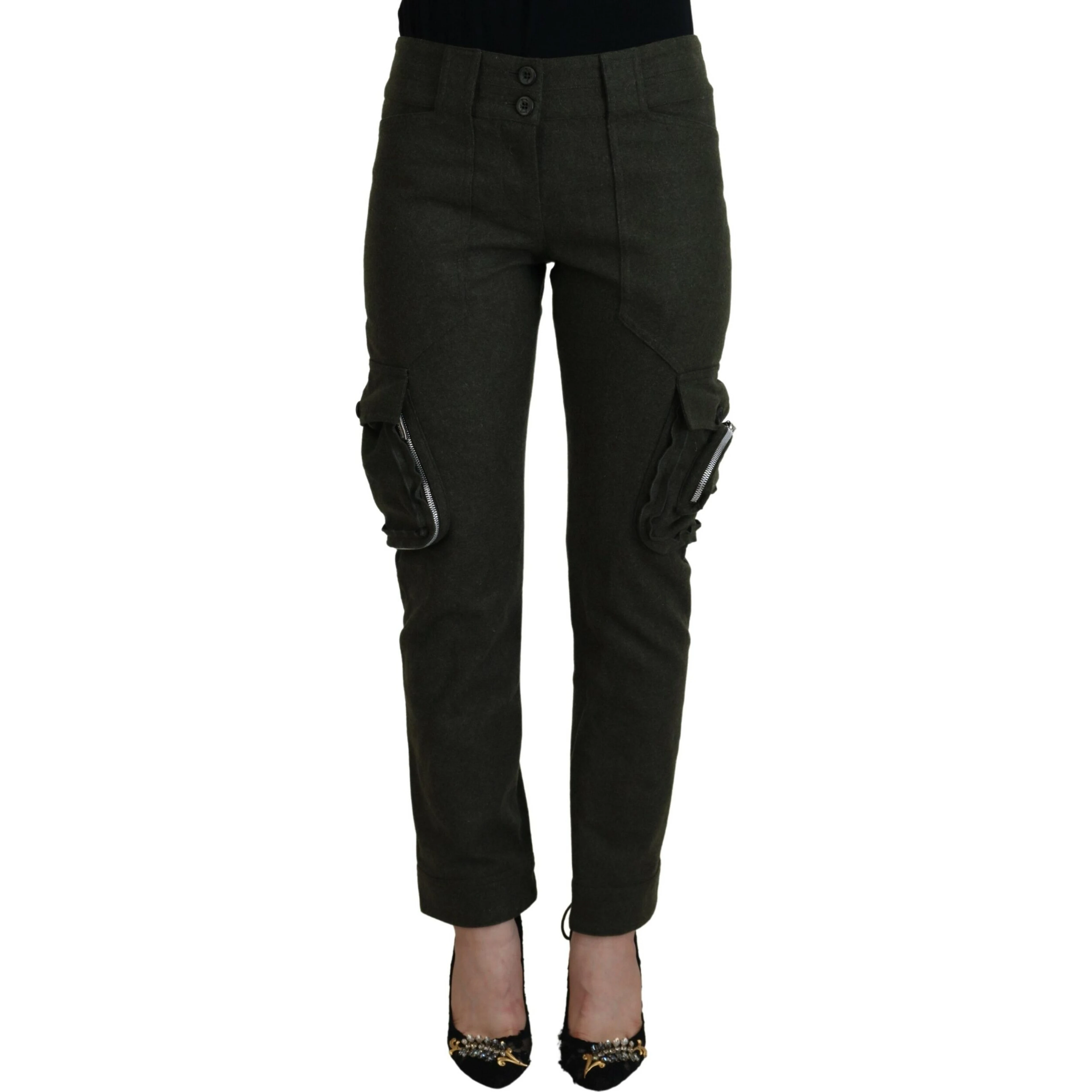 Green Lace Up Leg Women Tapered Pants