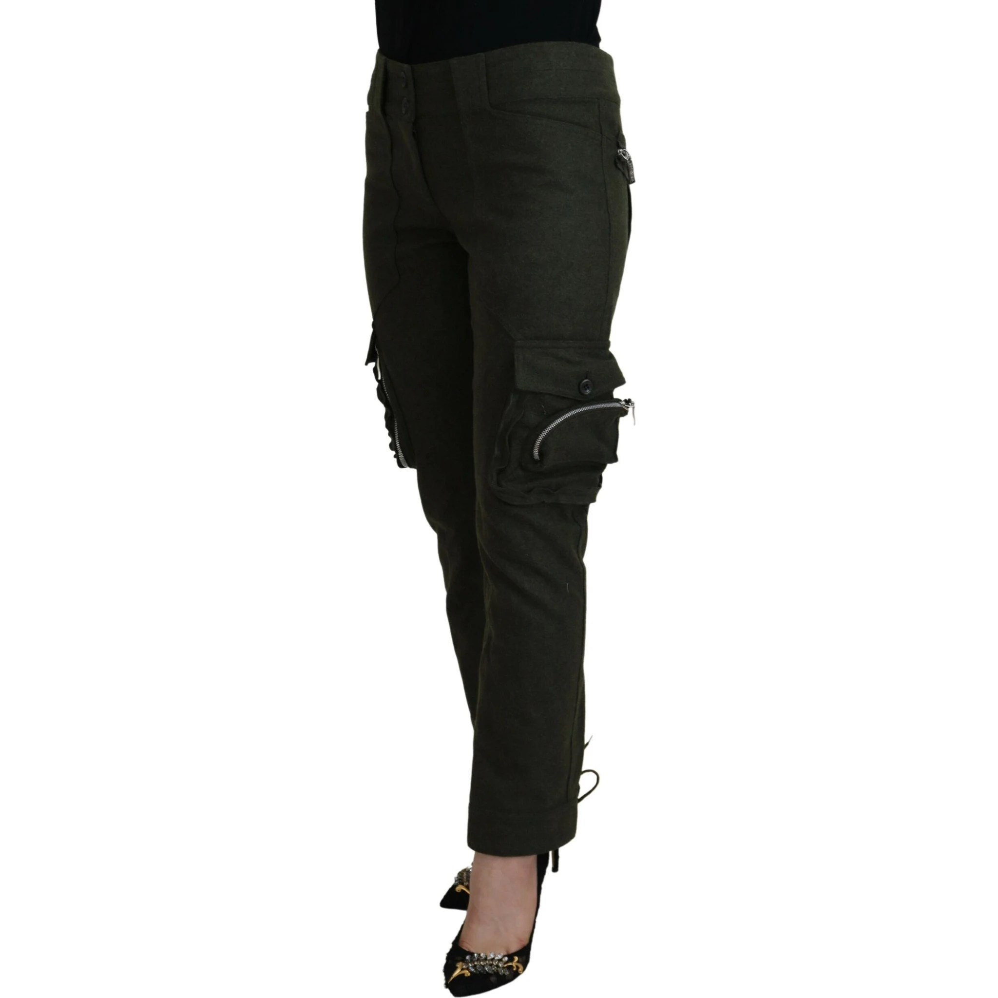 Green Lace Up Leg Women Tapered Pants