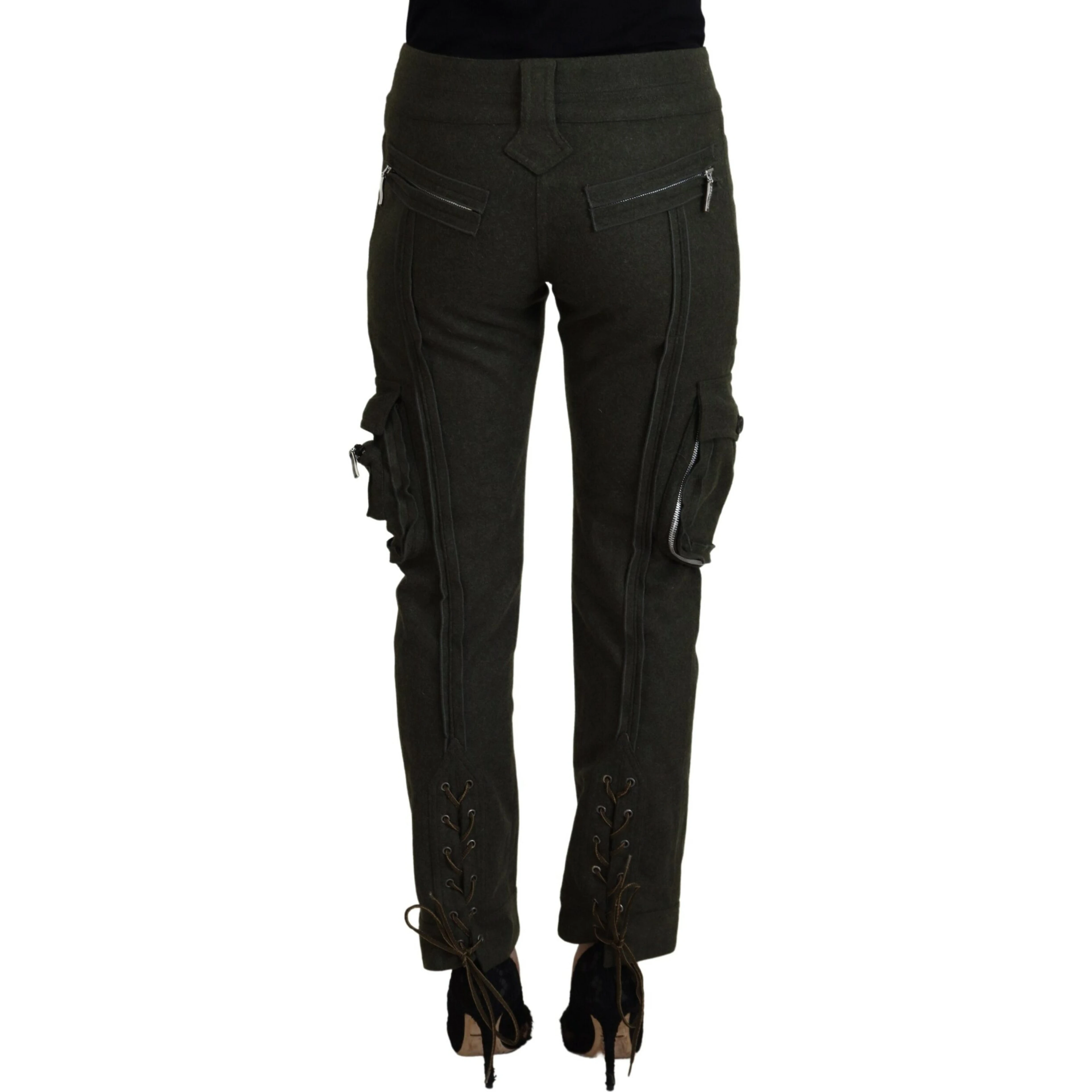 Green Lace Up Leg Women Tapered Pants