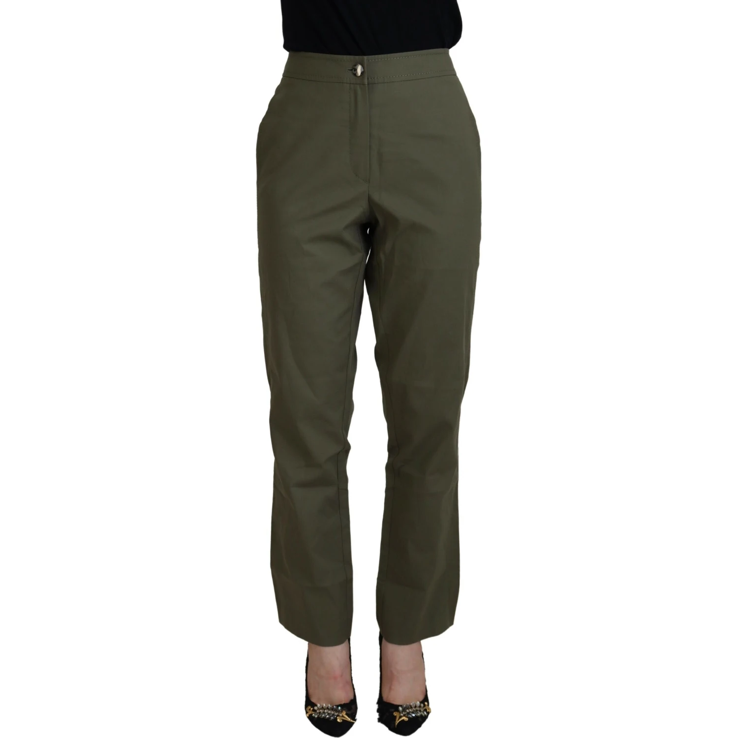 Green Cotton High Waist Women Tapered Pants