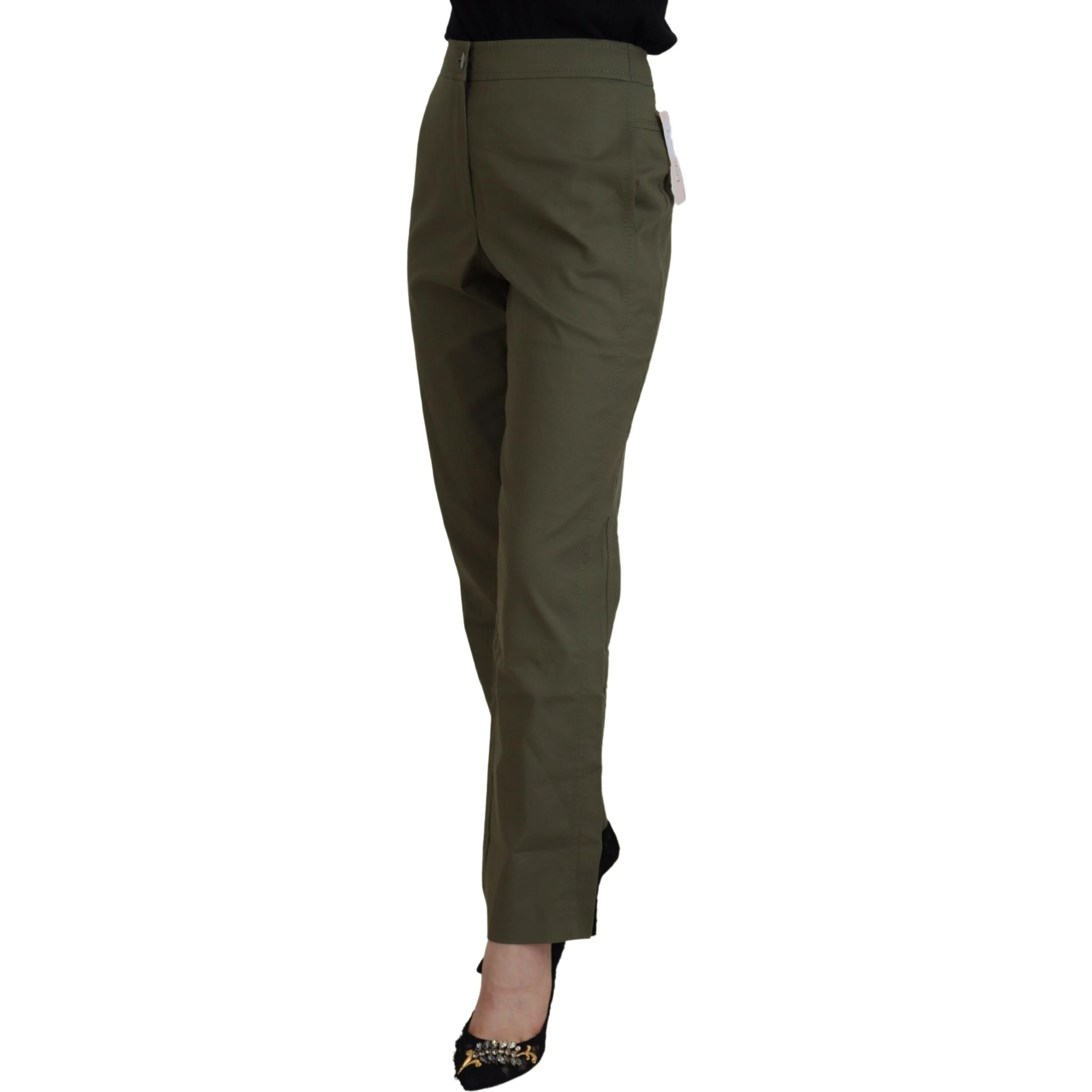 Green Cotton High Waist Women Tapered Pants