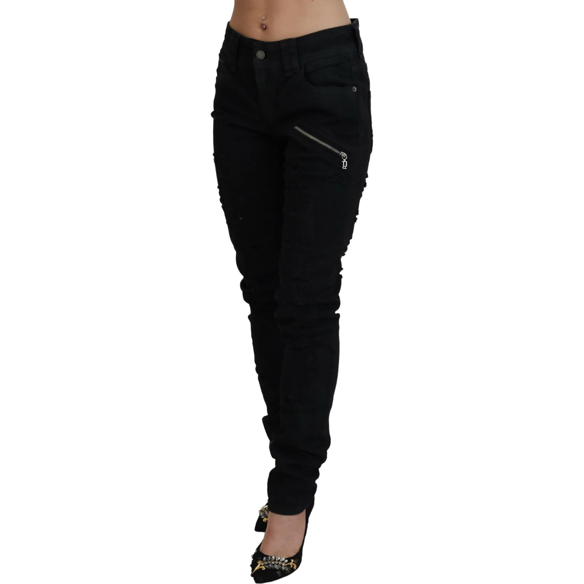 Black Cotton Mid Waist Skinny Slim Fit Denim Jeans