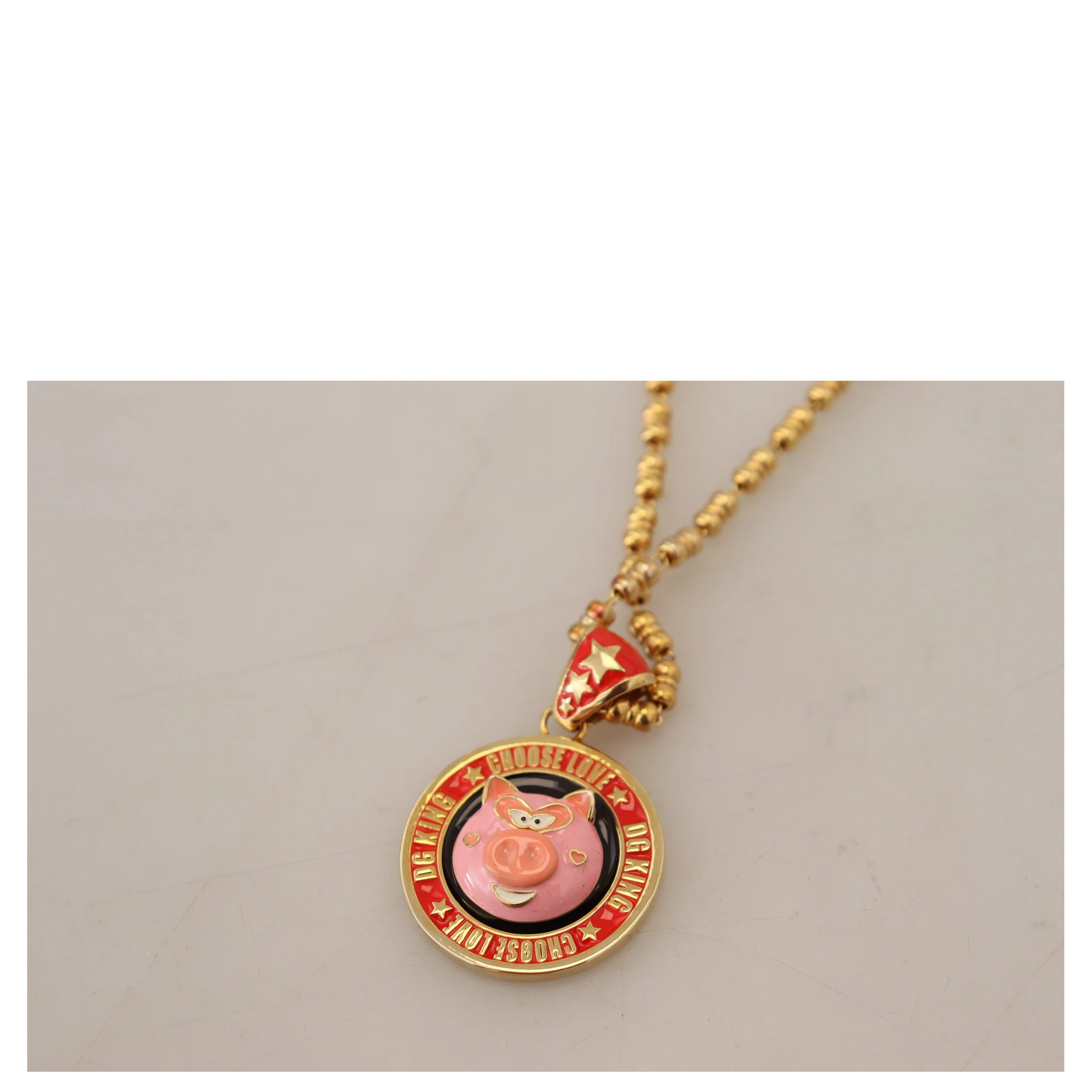Gold Brass Chain SUPER PIG Pendant Logo Necklace