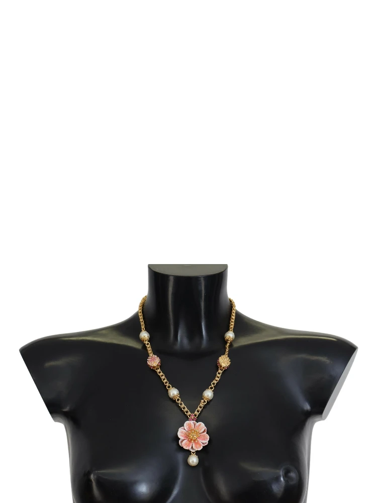 Gold Tone Floral Crystals Pink Embellished Necklace