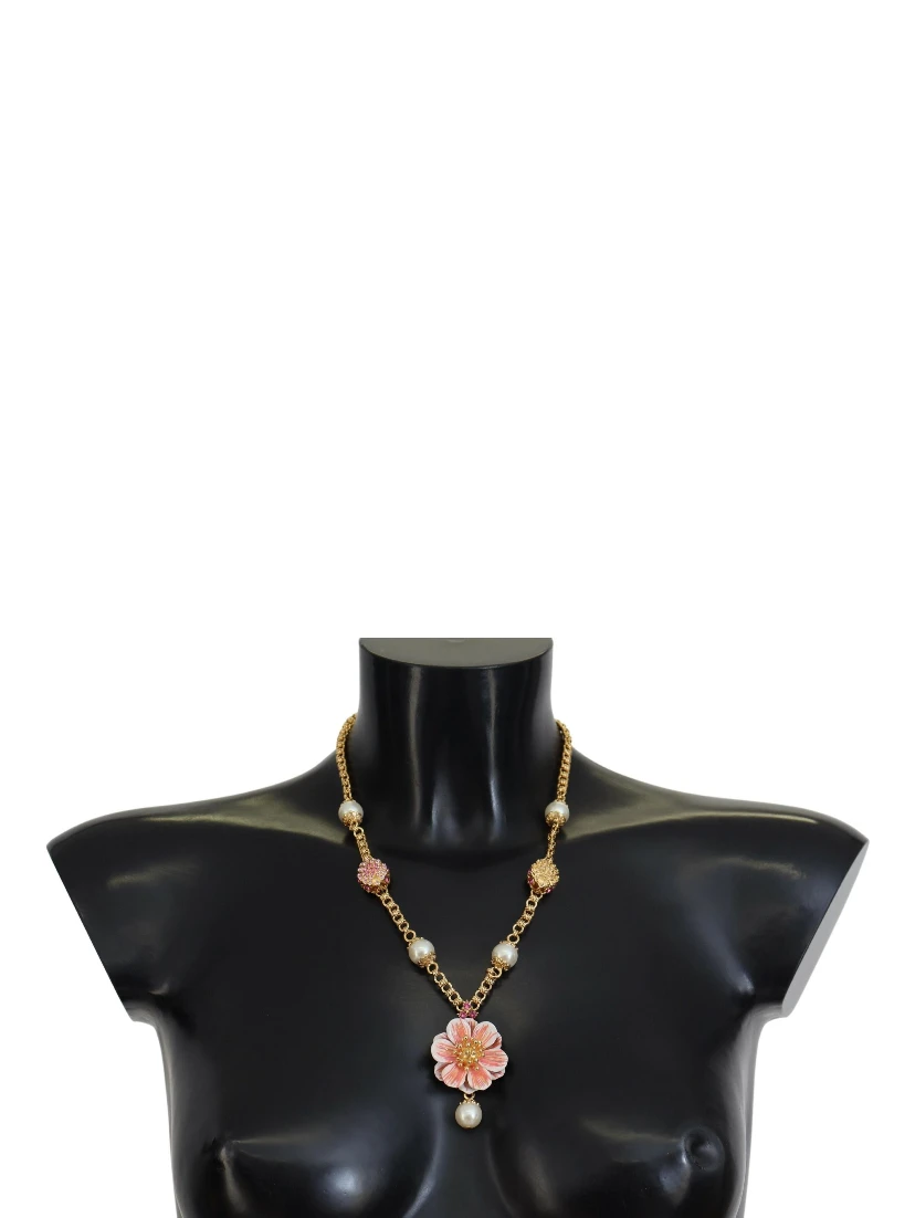 Gold Tone Floral Crystals Pink Embellished Necklace