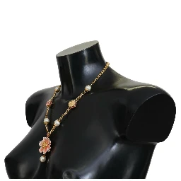 Gold Tone Floral Crystals Pink Embellished Necklace