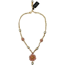 Gold Tone Floral Crystals Pink Embellished Necklace