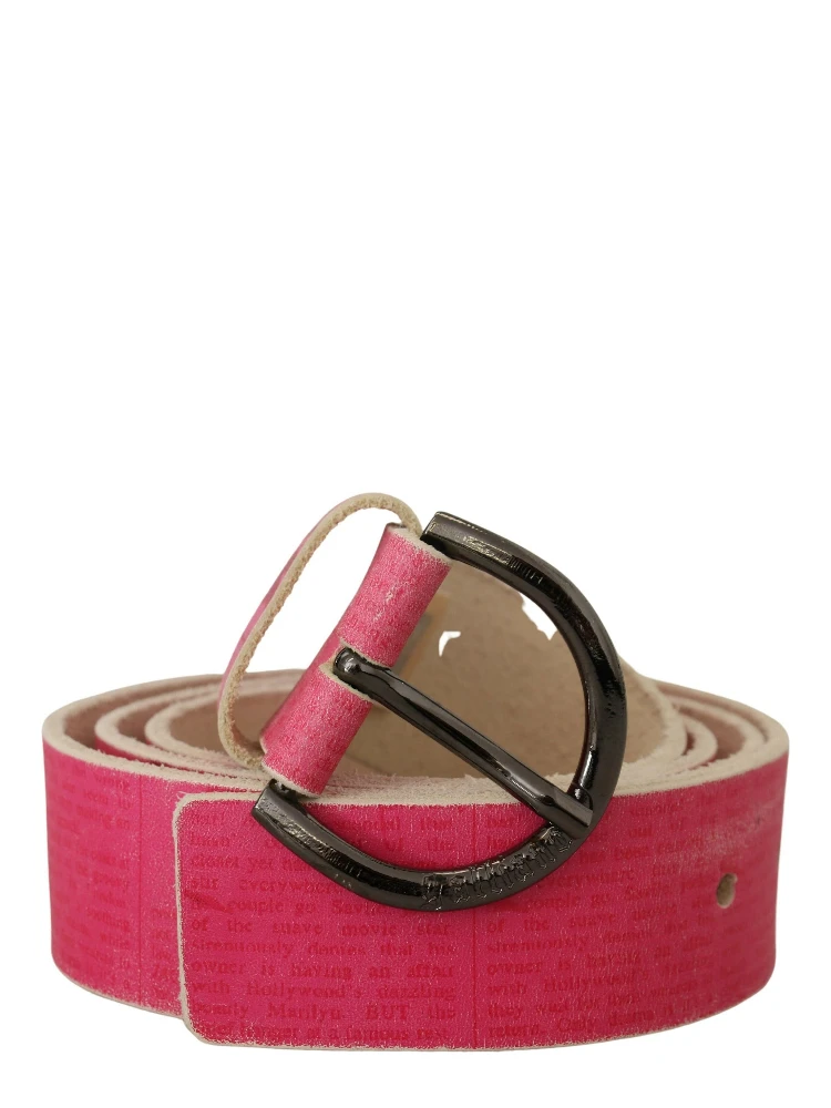 Pink Leather Letter Logo Round Buckle Waist Belt