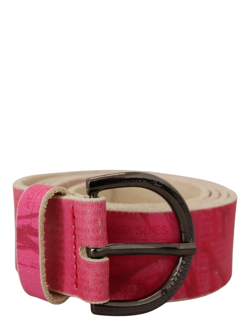 Pink Leather Letter Logo Round Buckle Waist Belt