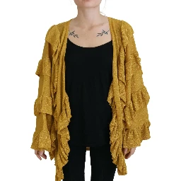 Gold Long Sleeves Ruffled Women Cardigan Sweater