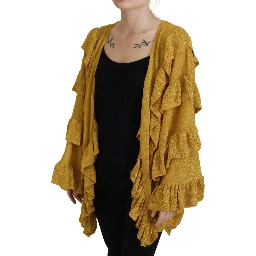 Gold Long Sleeves Ruffled Women Cardigan Sweater