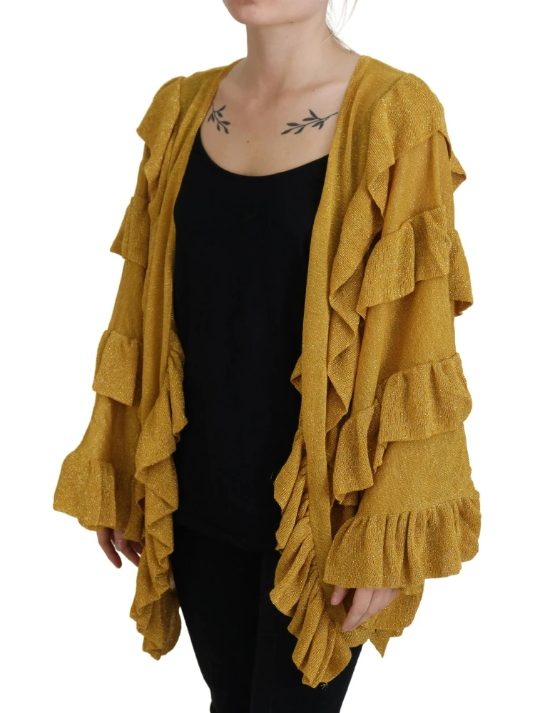 Gold Long Sleeves Ruffled Women Cardigan Sweater alternative