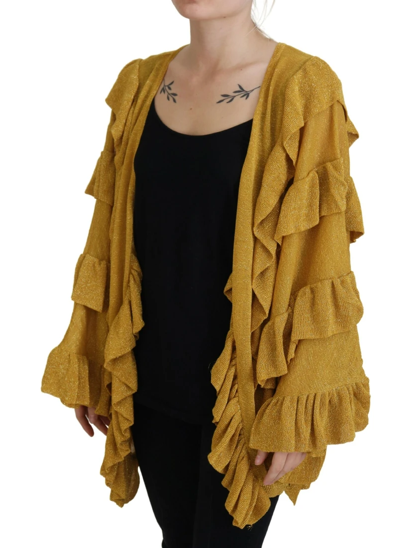 Gold Long Sleeves Ruffled Women Cardigan Sweater