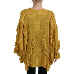 Gold Long Sleeves Ruffled Women Cardigan Sweater