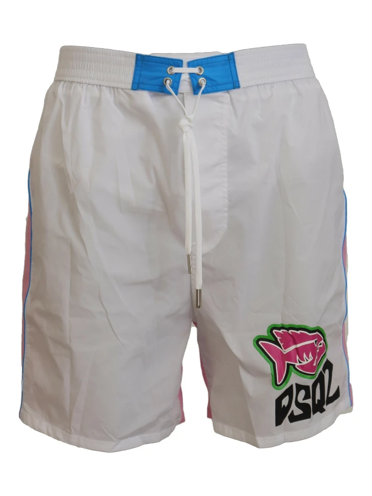 White Pink Logo Print Men Beachwear Shorts Swimwear