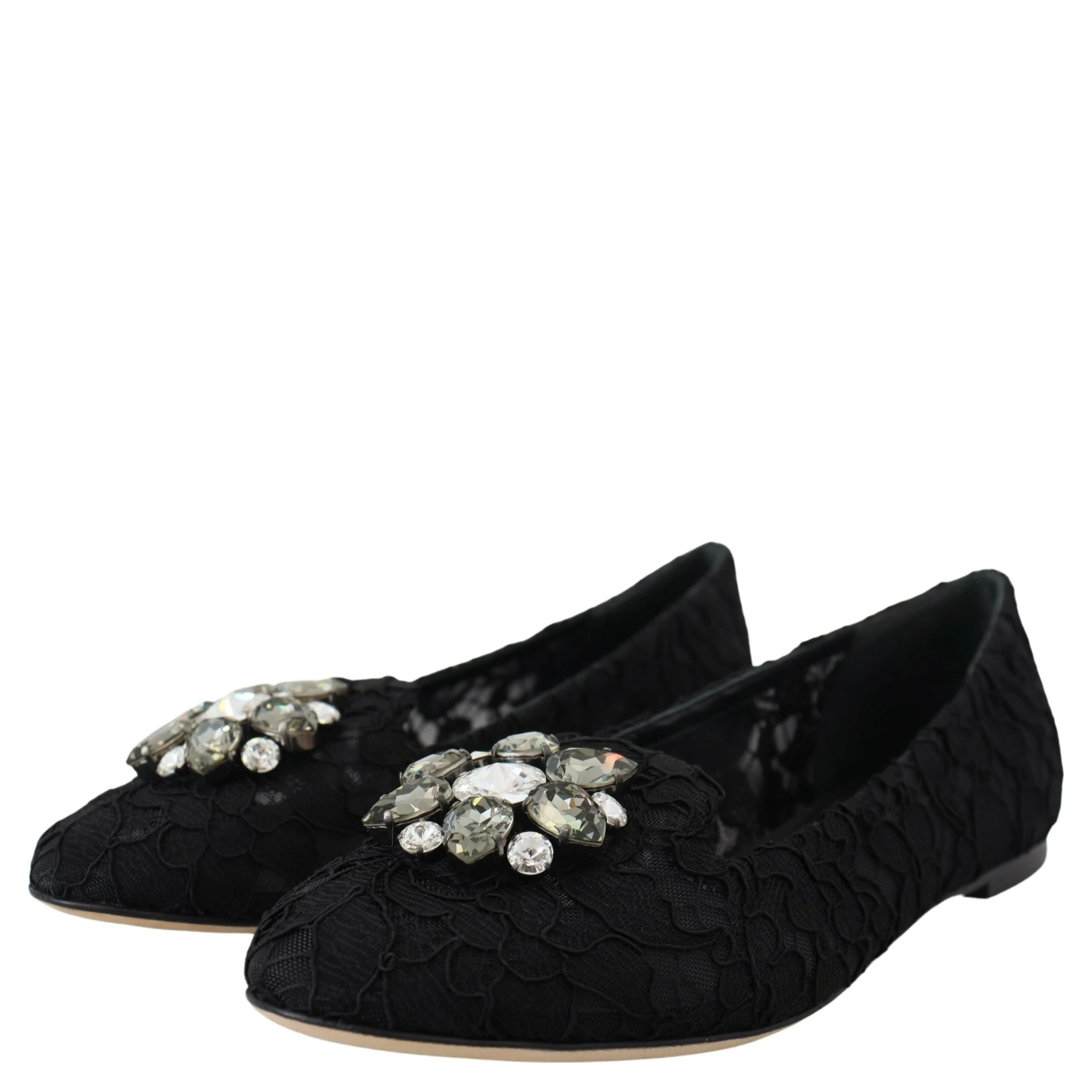 Black Taormina Lace Crystals Flats Shoes