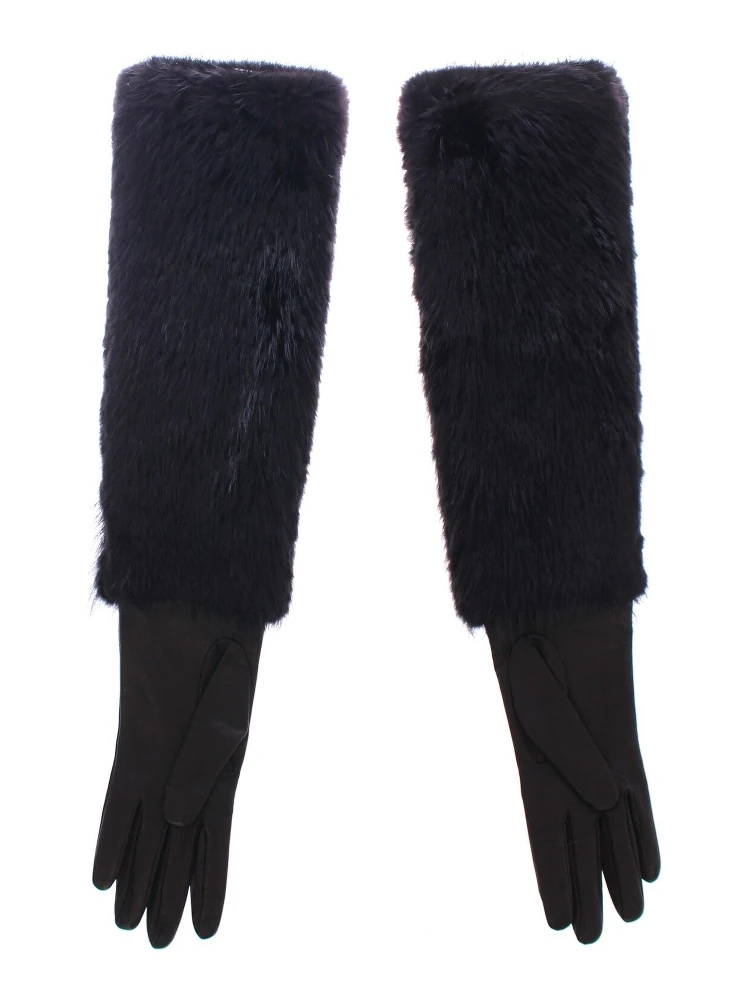 Black Beaver Fur Lambskin Leather Elbow Gloves alternative