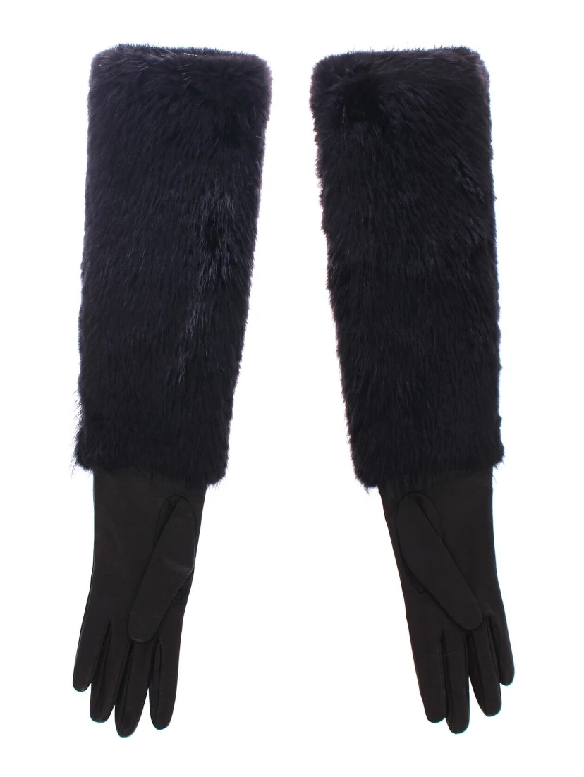 Black Beaver Fur Lambskin Leather Elbow Gloves