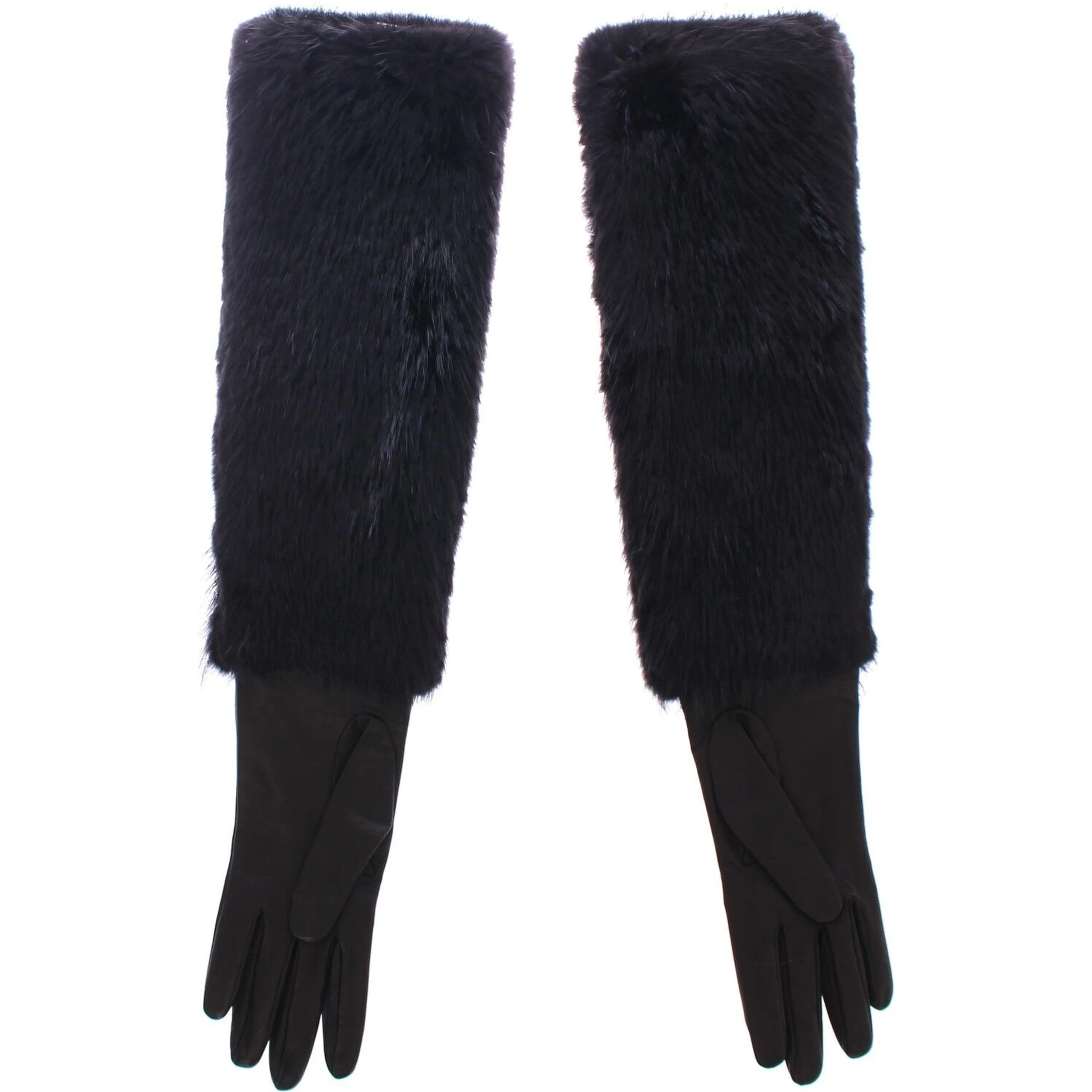 Black Beaver Fur Lambskin Leather Elbow Gloves
