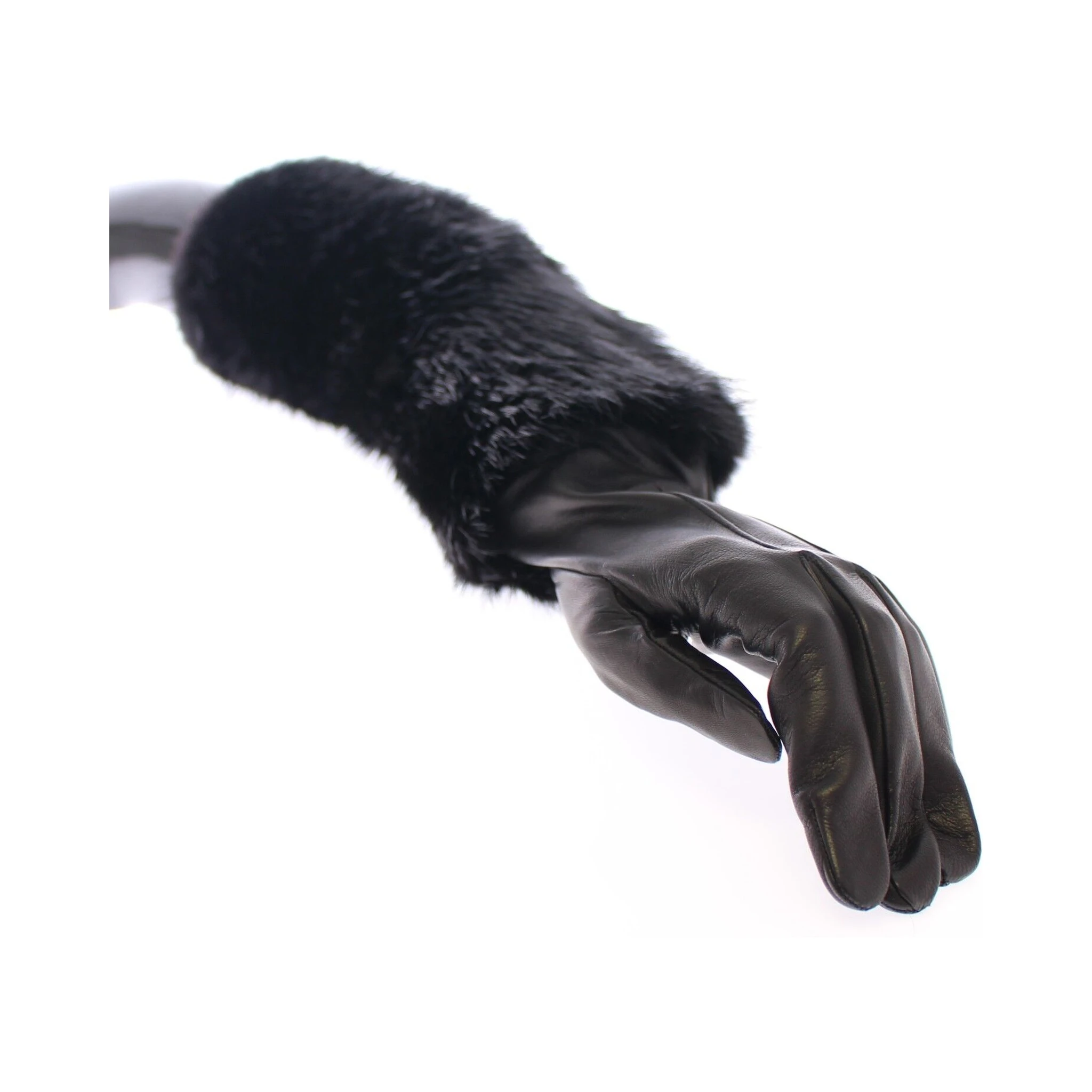 Black Beaver Fur Lambskin Leather Elbow Gloves