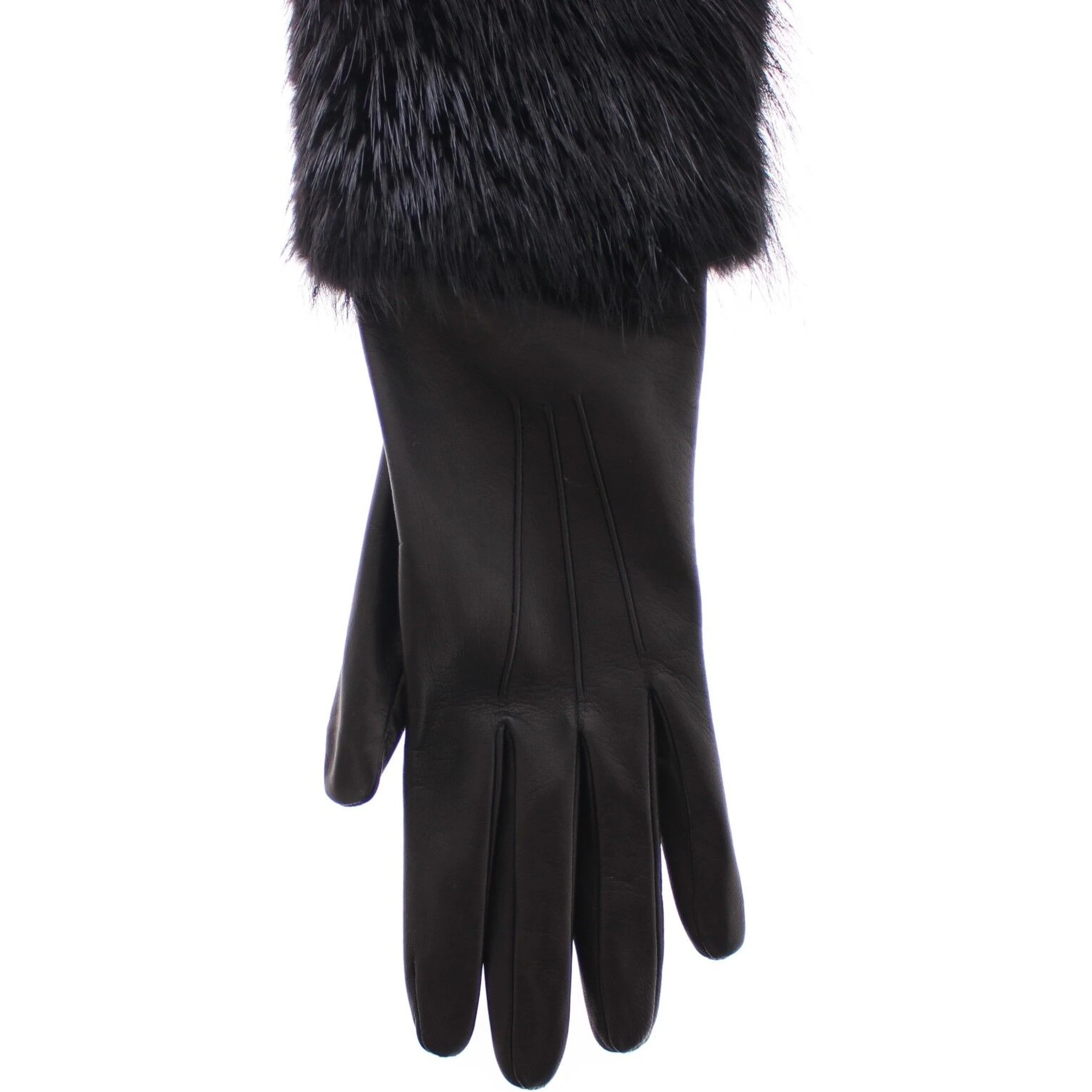 Black Beaver Fur Lambskin Leather Elbow Gloves