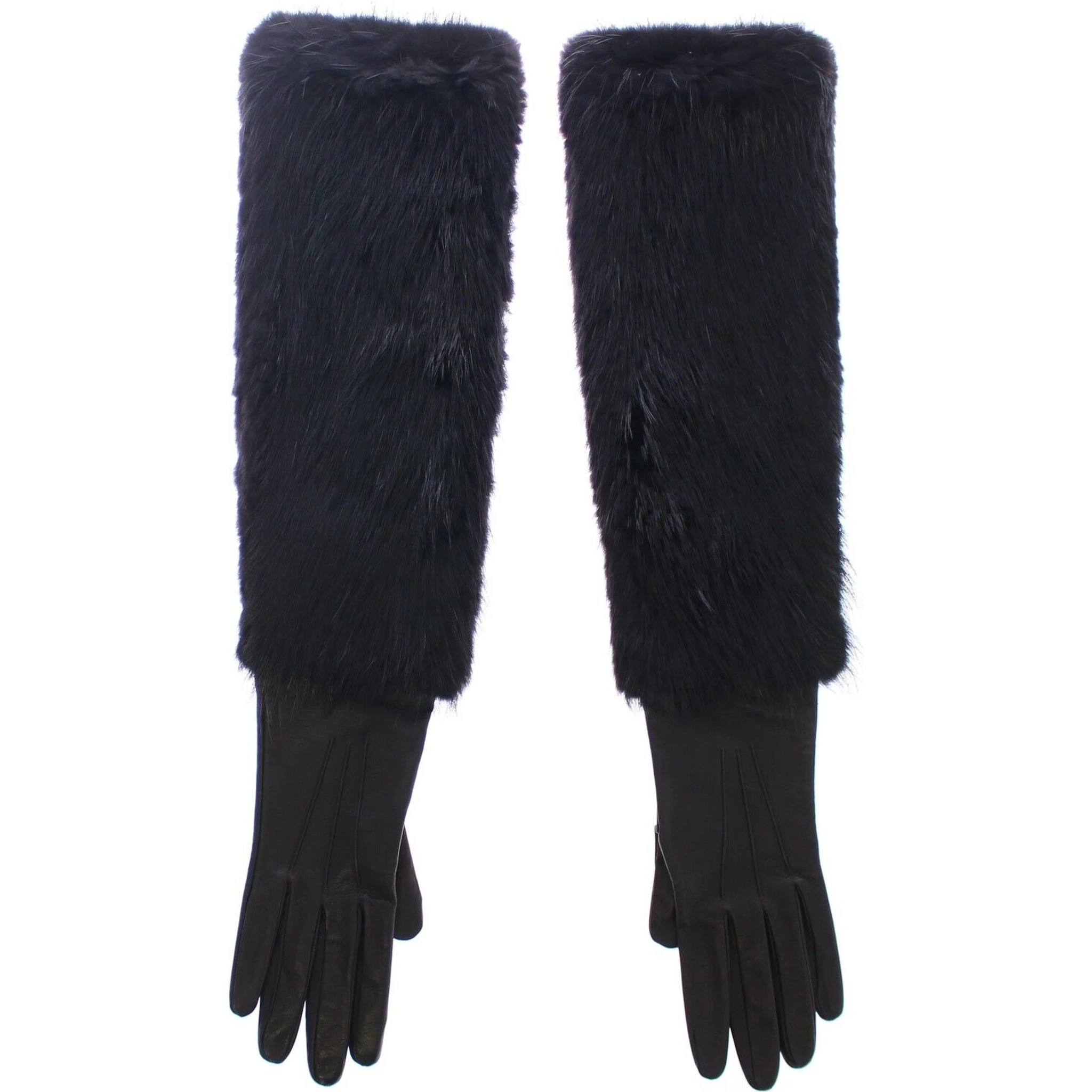 Black Beaver Fur Lambskin Leather Elbow Gloves