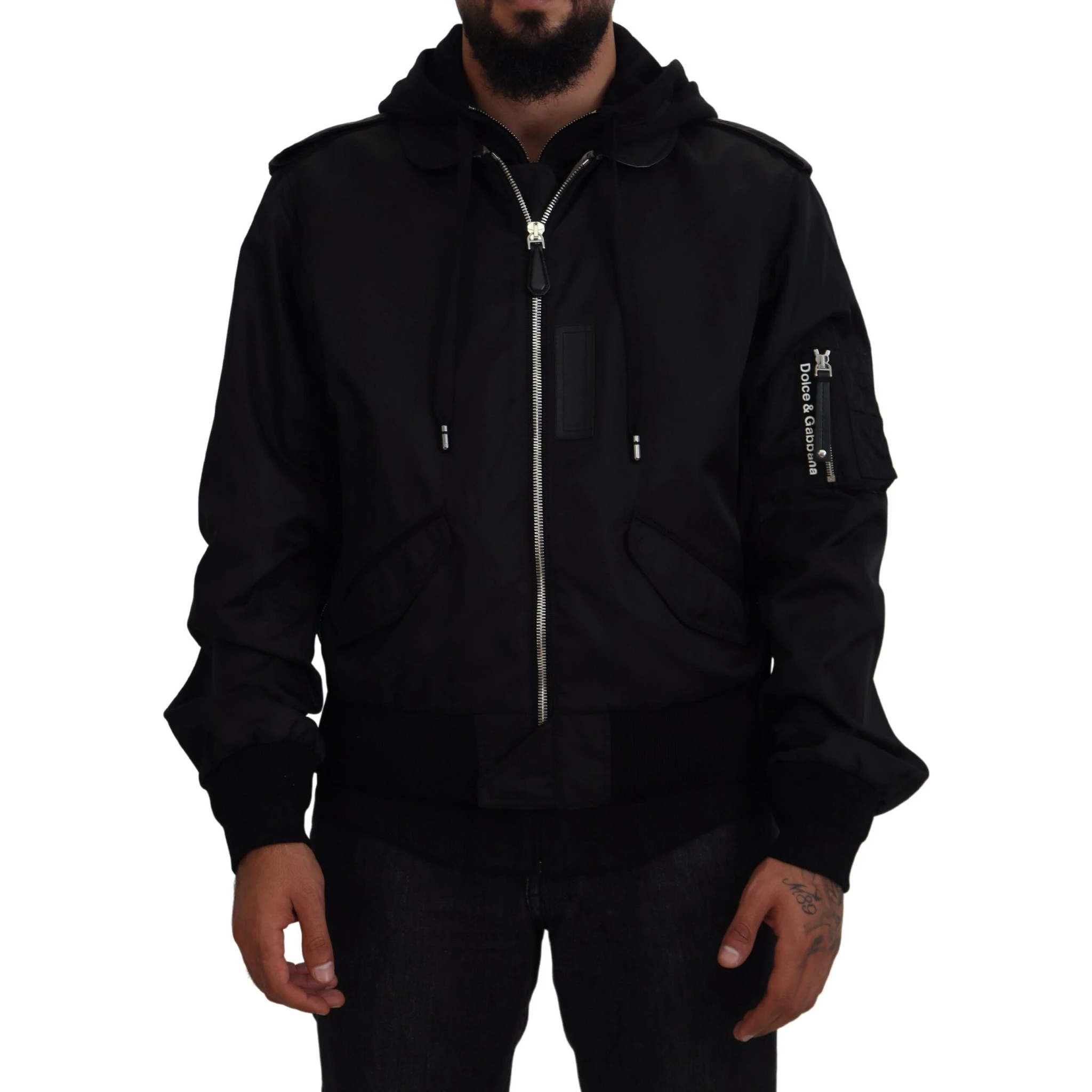 Black Nylon Hooded Full Zip Men Coat Jacket