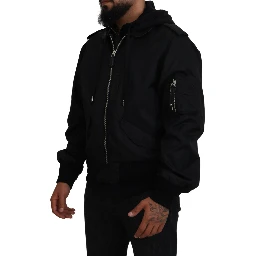 Black Nylon Hooded Full Zip Men Coat Jacket