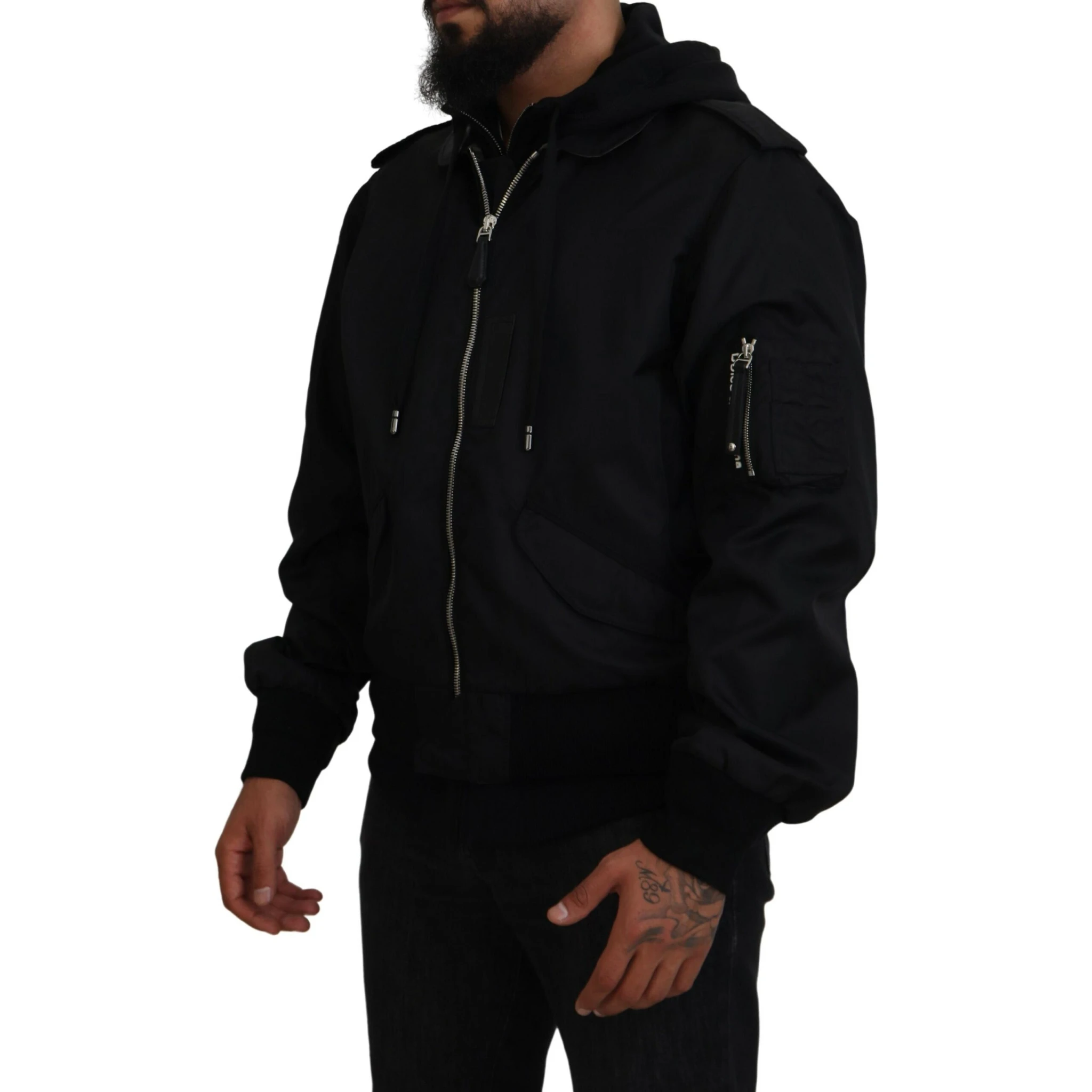Black Nylon Hooded Full Zip Men Coat Jacket