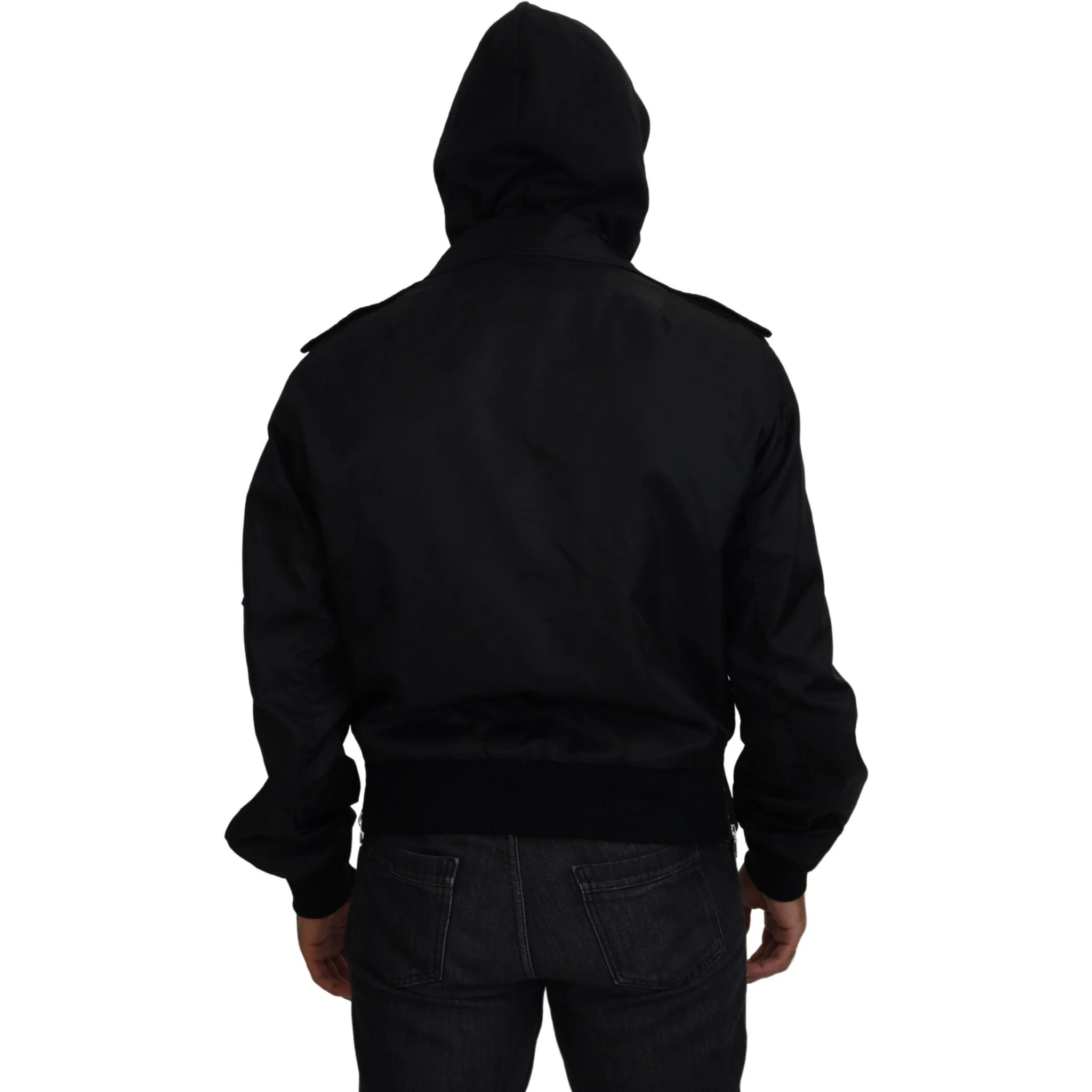 Black Nylon Hooded Full Zip Men Coat Jacket