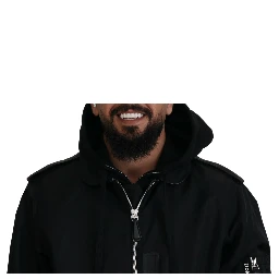 Black Nylon Hooded Full Zip Men Coat Jacket