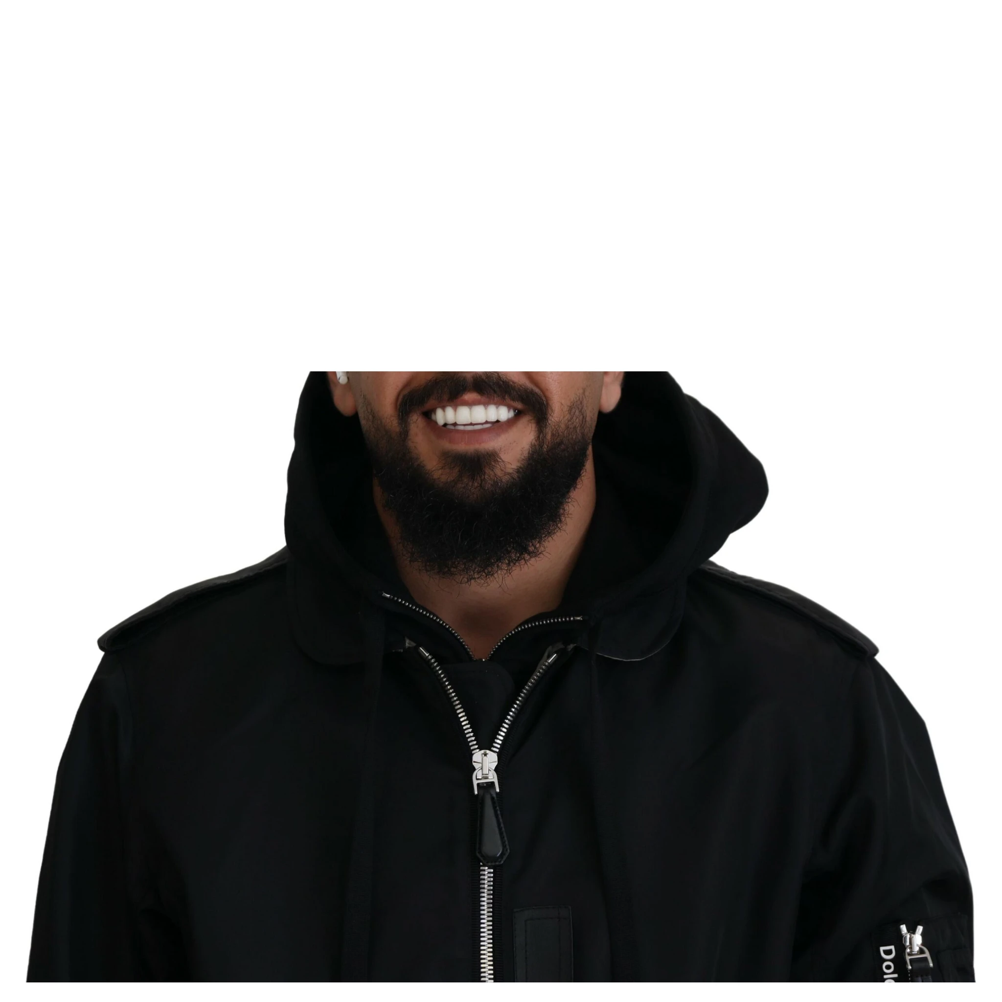 Black Nylon Hooded Full Zip Men Coat Jacket