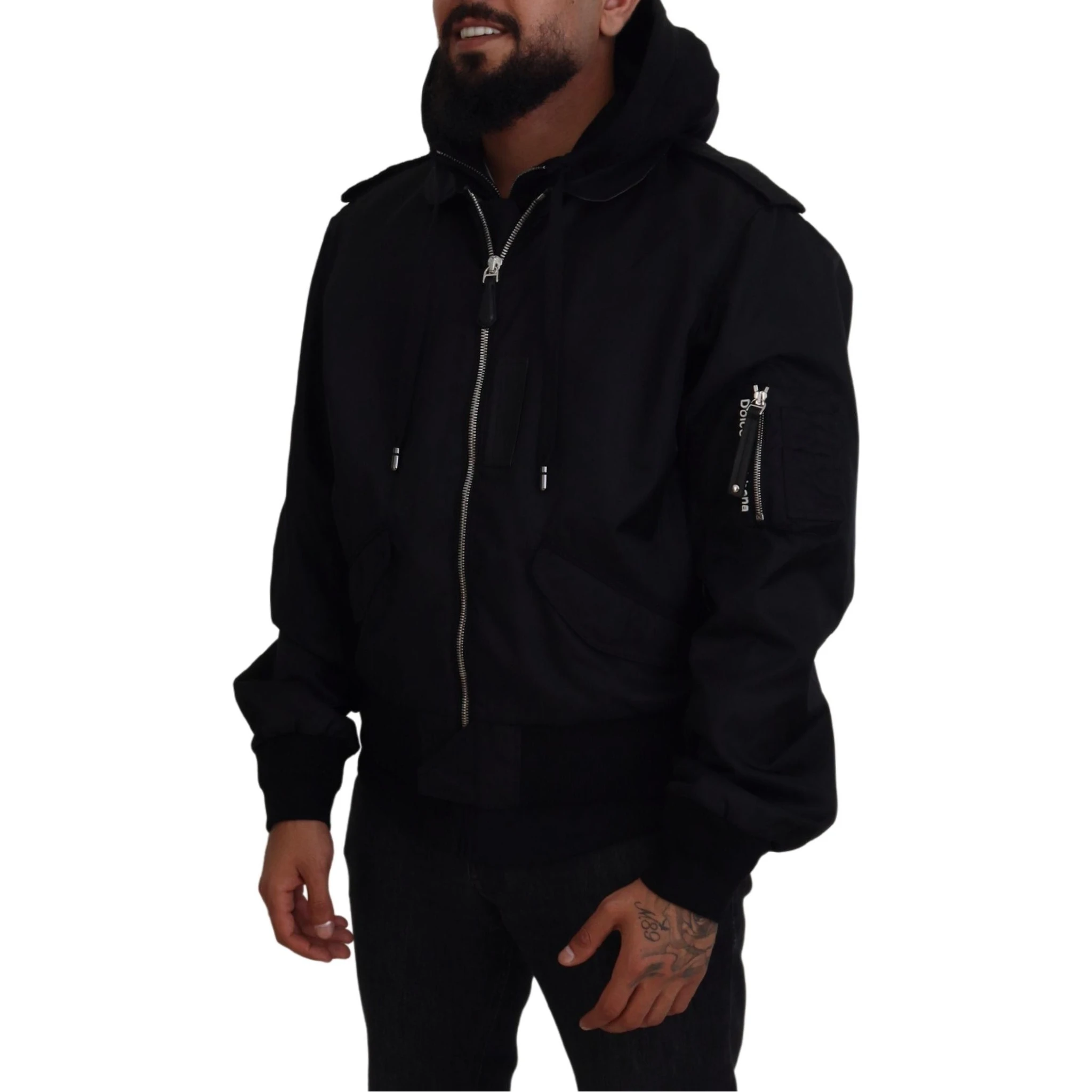 Black Nylon Hooded Full Zip Men Coat Jacket