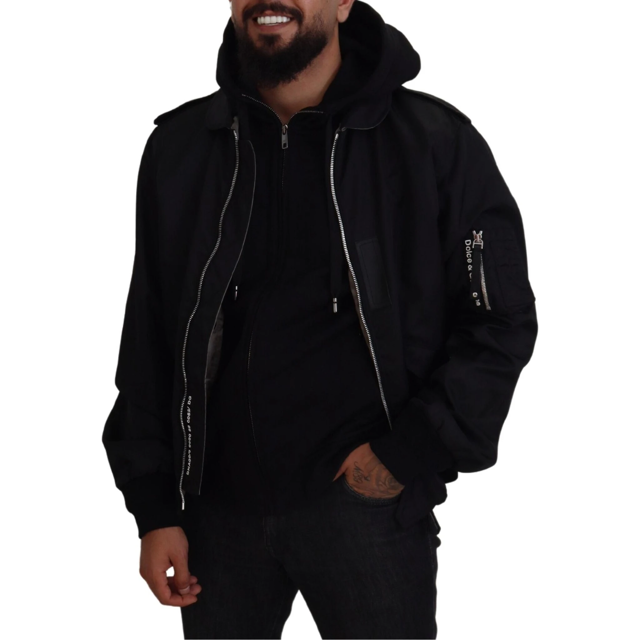 Black Nylon Hooded Full Zip Men Coat Jacket