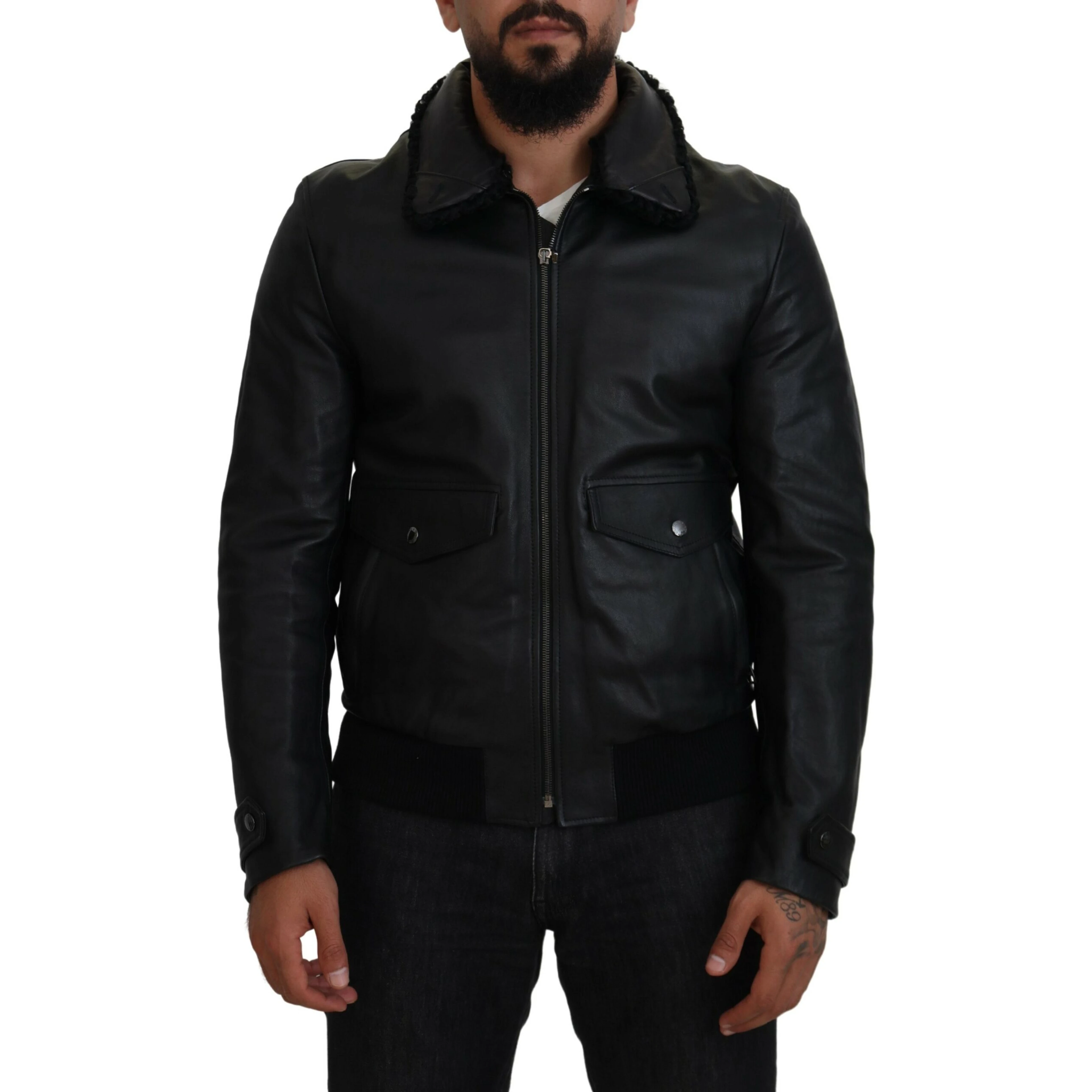 Black Lamb Leather Collared Men Coat Jacket